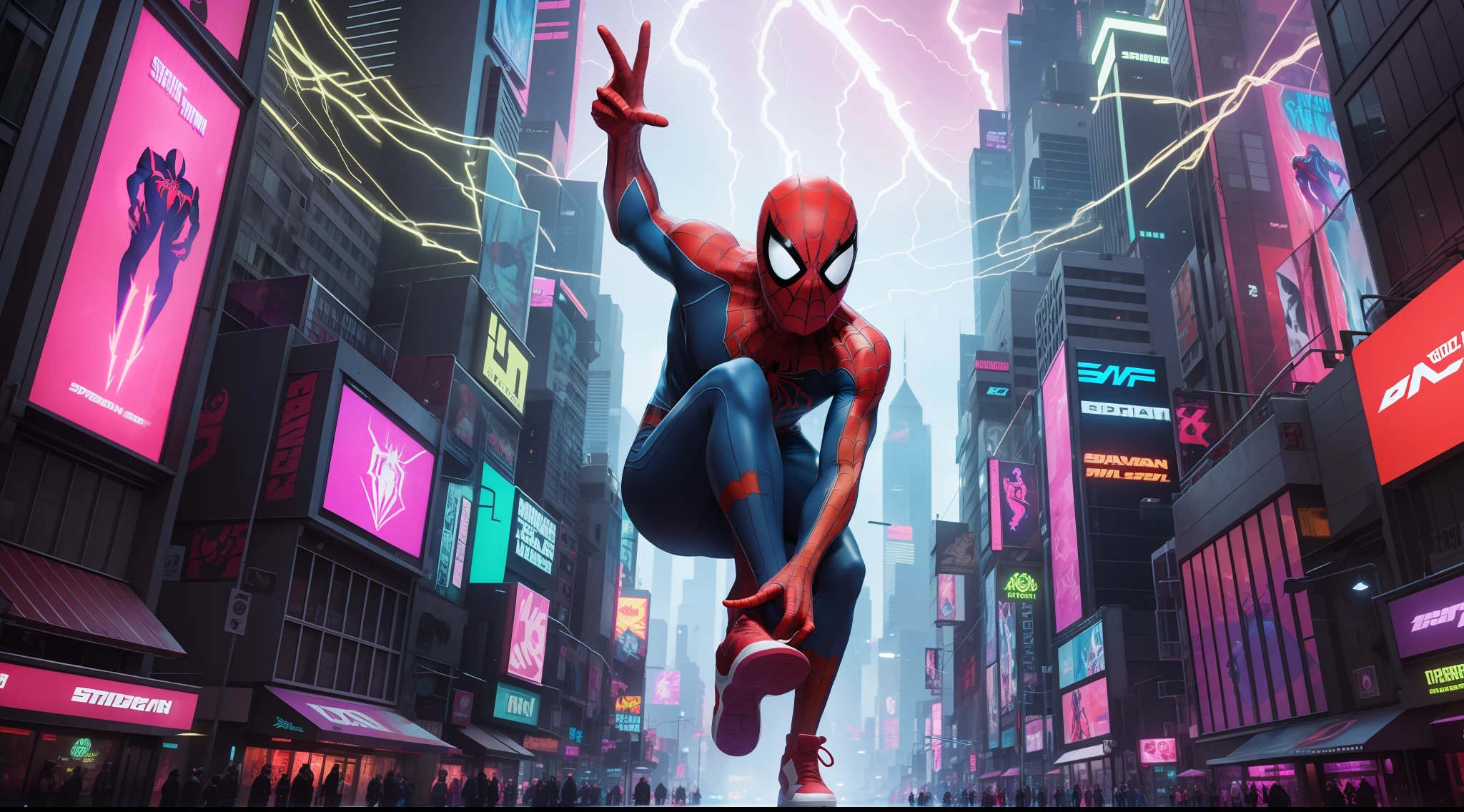 Spiderman, loish, full body shot, character sheet, lightningwave, 3d, cgi, glowing neon, cyberpunk, streetwear clothing, neon city --auto --s2
