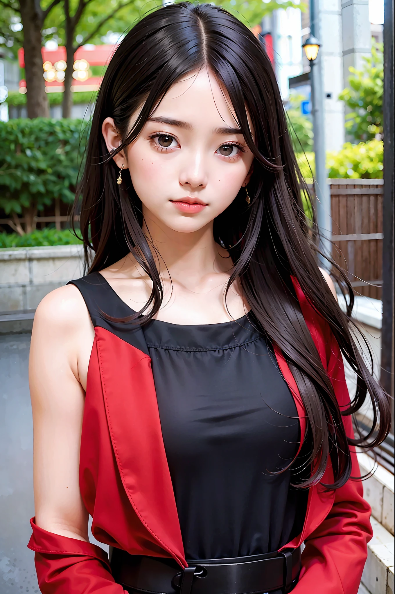 Top quality, masterpiece, black hair, brown eyes, red clothes, looking up, upper body, hair strands, fair skin, long wavy hair, Japan woman, teenage