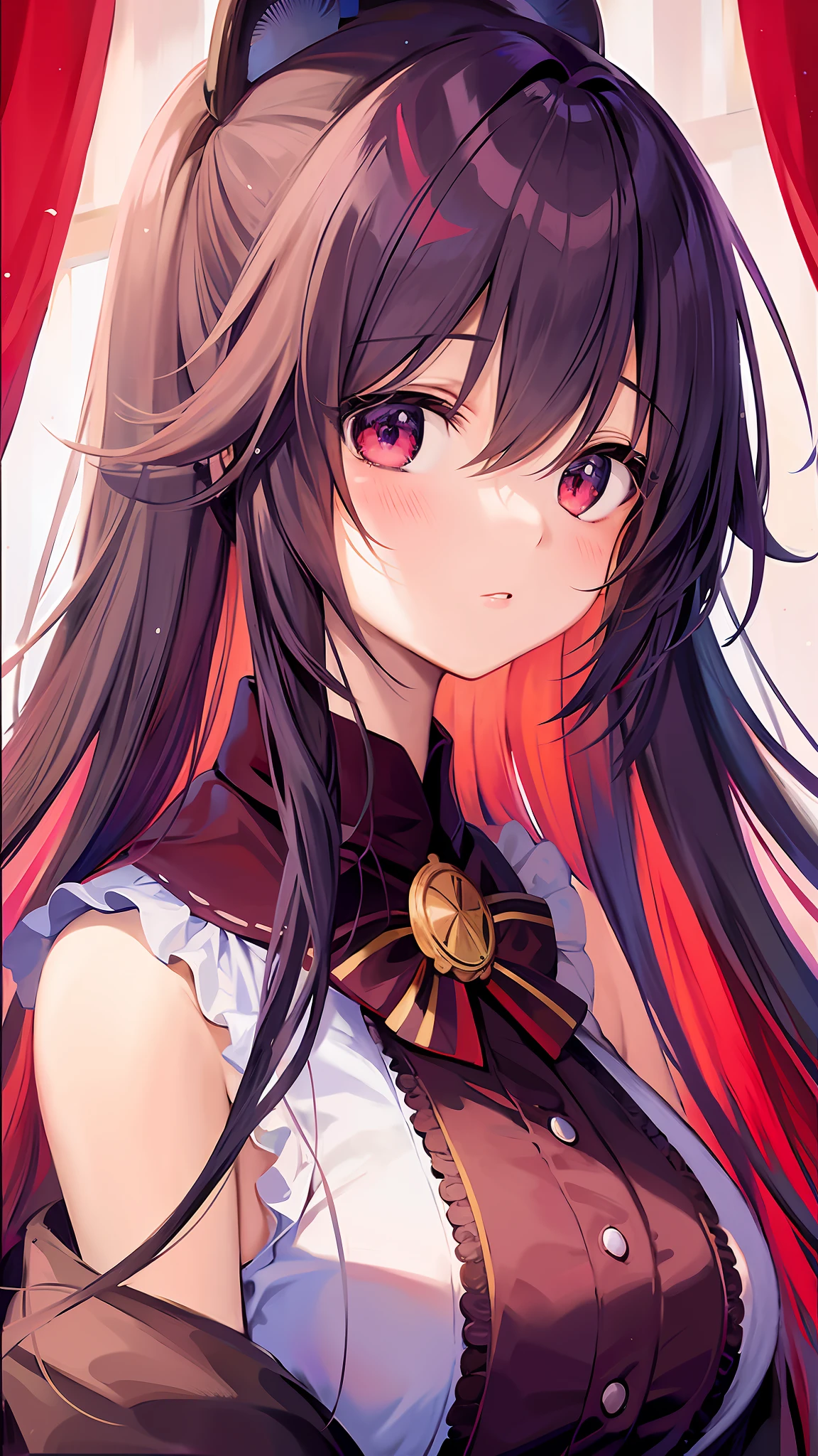 anime girl with long hair and bow tie, beautiful anime girl, pretty anime girl, (anime girl), anime girl with long hair, cute anime girl, beautiful anime portrait, beautiful anime face, anime girl, portrait anime girl, anime girl, very cute anime girl face, by Jinbo Village, beautiful anime face, anime vision of cute girl, red eyes