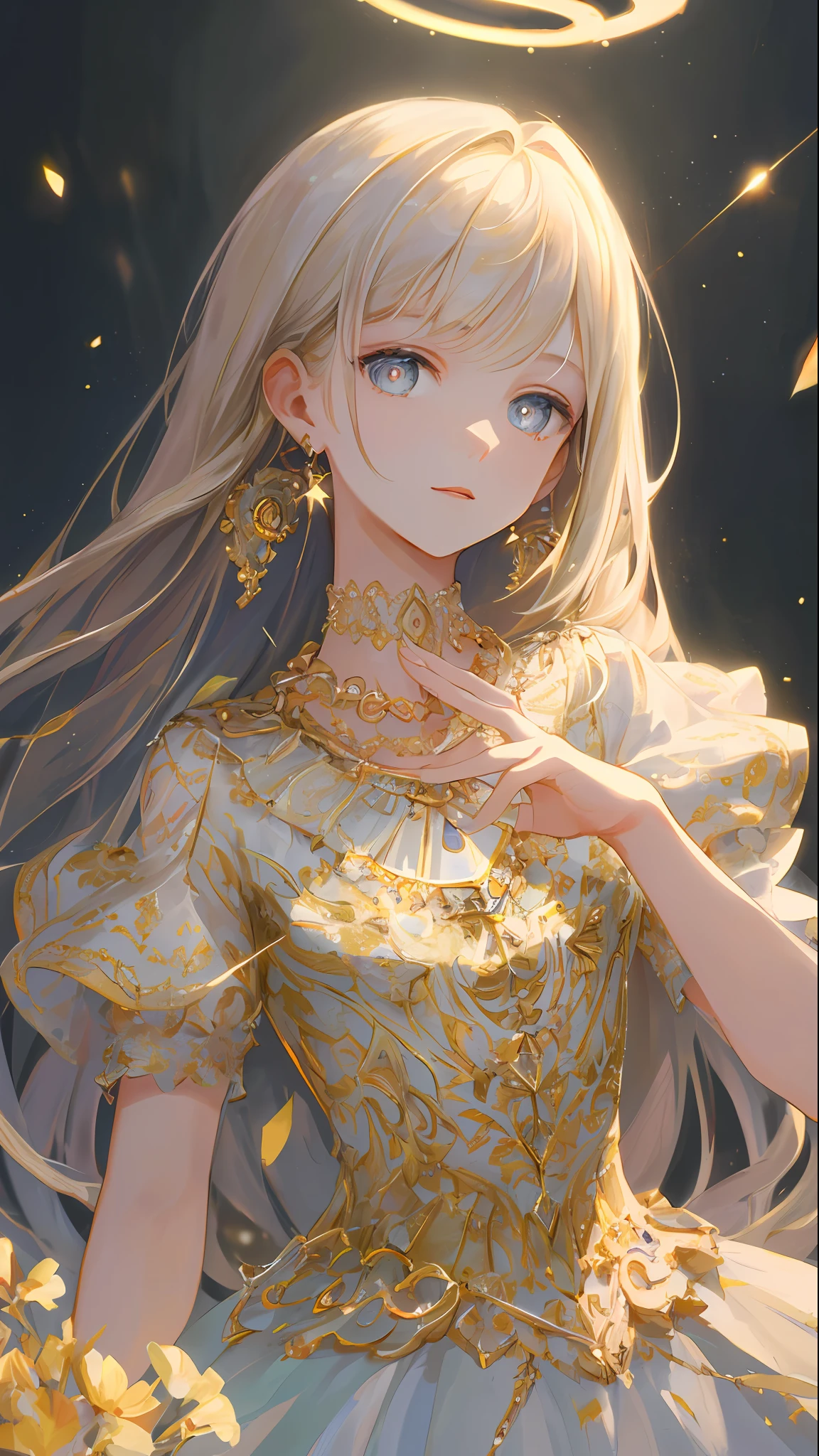 Masterpiece, Superb Painting, Illustration, (Gorgeous Hair: 1.1), Earrings, Necklace, Dress, 1girl, Cute, (Dynamic Light: 1.2), Cinematic Light, Delicate Facial Features, Detailed Eyes, Sharp Pupils, Realistic Pupils, Background Bokeh, Clear Focus, (Ultra Detail, Halo, Glow: 1.4), Many Small Gems