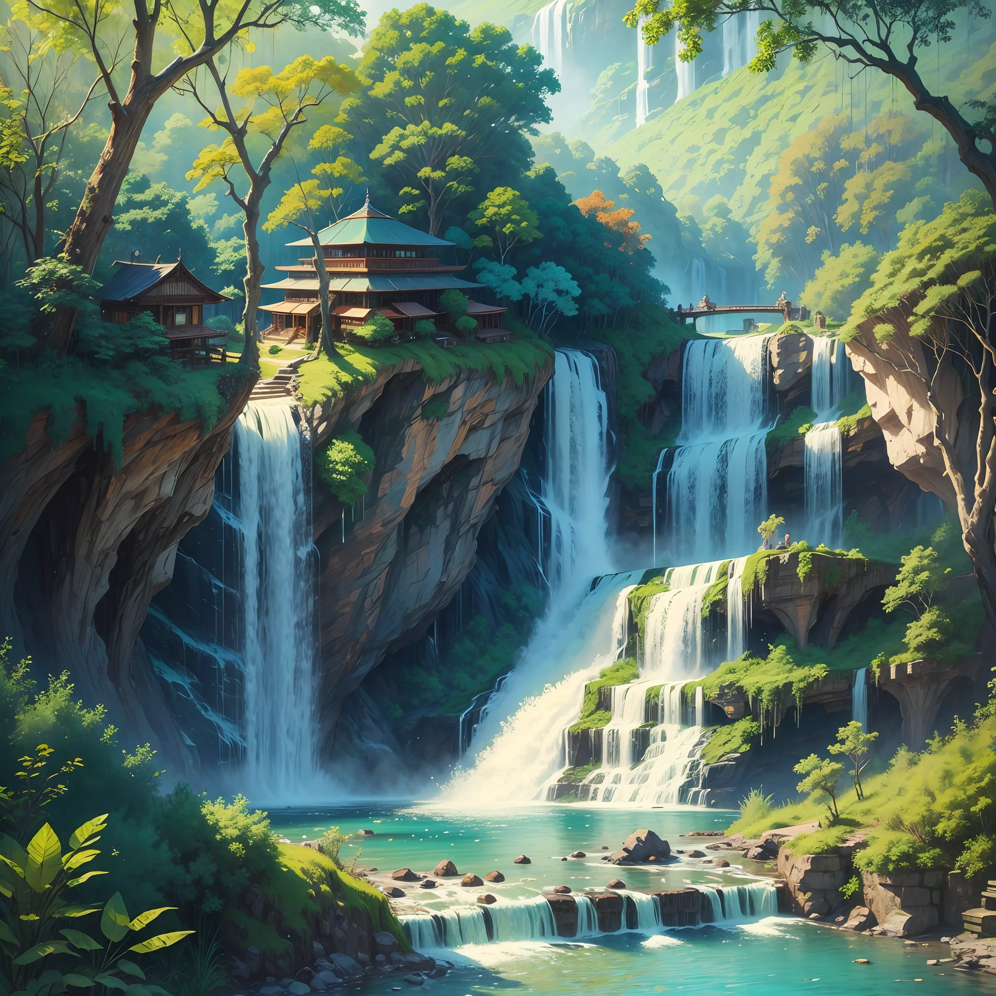 A waterfall decaying from the sky, green trees, flying willows, surrounded by blue water, small bridges and running water, ancient color, floral fragrance, warm as jade, singing birds and flowers, paintings of the Amazon with a pyramid, leisure, real photography, 16K resolution --auto --s2
