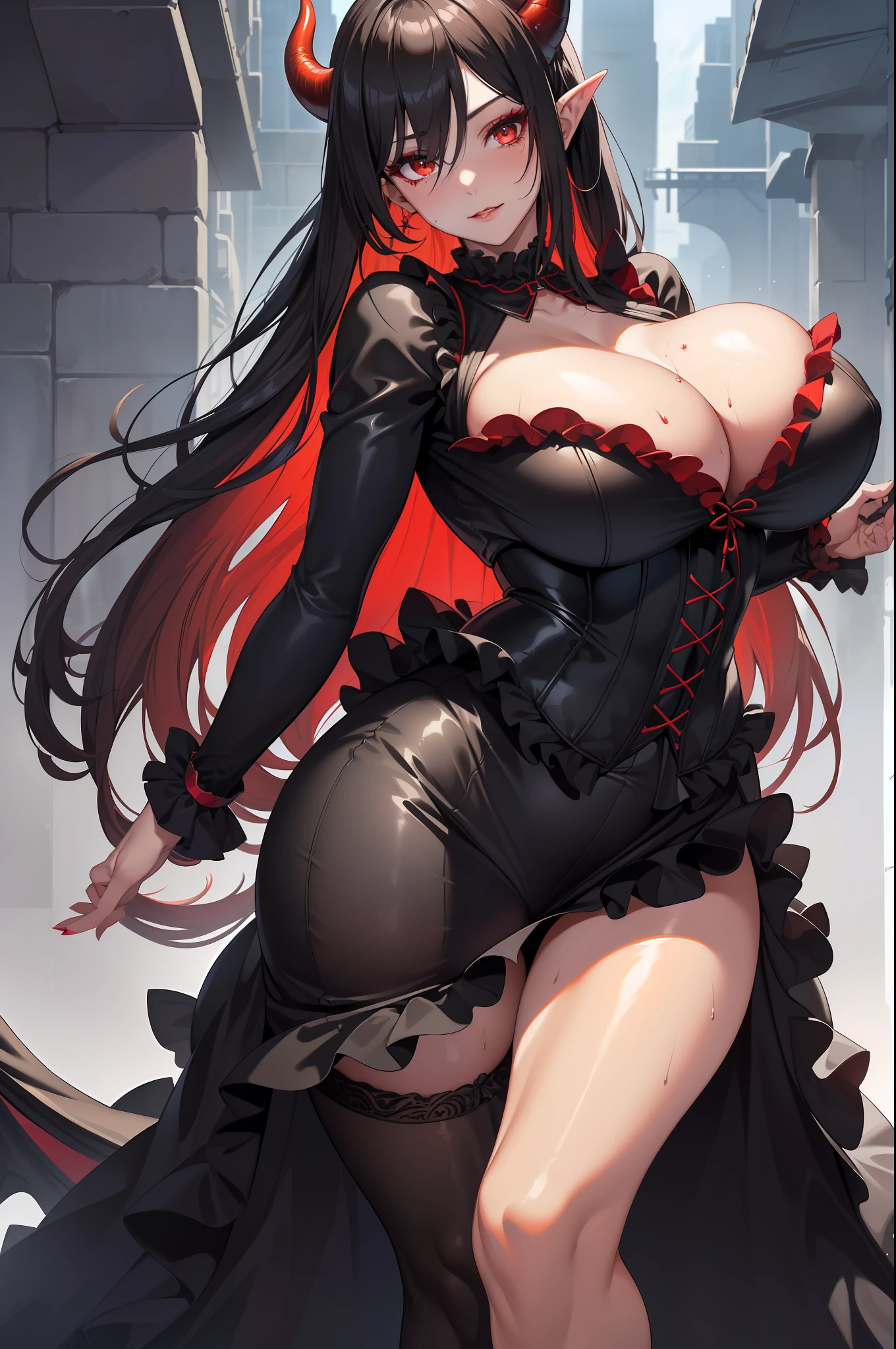 (best quality), (full body) best illustration, 1girl, beautiful detailed face, pretty_face + round_face, beautiful detailed eyes, transparent eyes, (gigantic breasts), bishoujo: 1.3, perfect face, solo, extremely detailed CG, extremely beautiful, high quality, dynamic angle, (masterpiece: 1.2), (eyelashes: 1.2), (red eyelashes: 1.1), (eyeliner: 1.2), (deep red eyes: 1.2), (large eyes: 1.2), narrow waist, shiny skin, illustration, very long bangs, masterpiece, ultra-detailed, (high resolution, distinct_image), CG 8k wallpaper unit, looking at the viewer, Illustration, 1girl, light layer, glossy skin, (detailed intricate, (tense clothes, large demon wings, black succubus horn, hair ornament: 1.2, (succubus tail))), from above, dark hair, very long bangs, black choker, long hair, cut hime, hair between eyes, (mature female: 1.1), (((giant breasts, huge breasts, large breasts:1.4)), pointed ears, wet, shattered lips, seductive smile, red lips), rain, (embarrassed, sweaty, cameltoe), ((transparent Negligee:1.4, cleavage, tight clothes, frills, frilled clothes)), (corset)