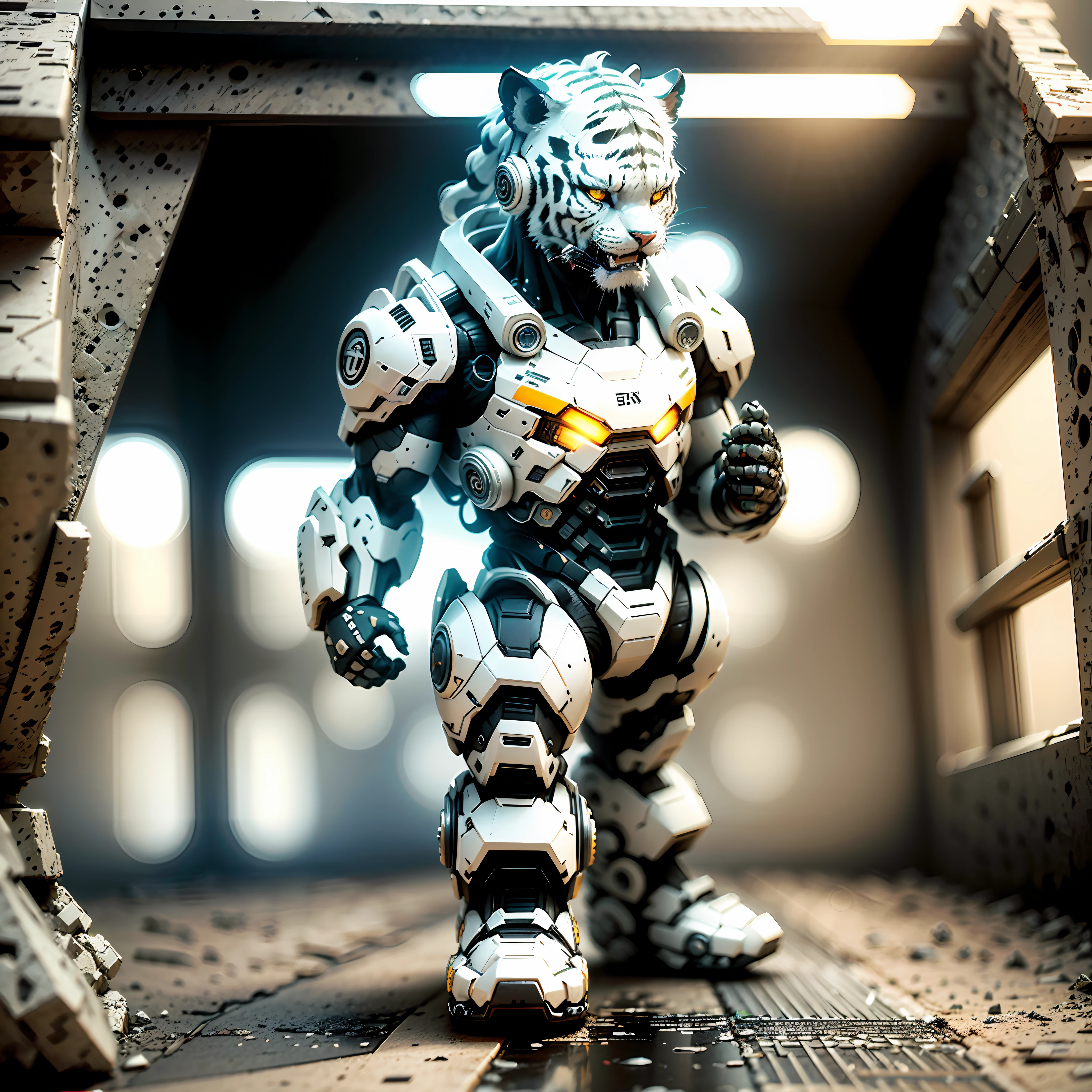 White Tiger Mecha, Full Body, Solitary, Cyberpunk, Delicate Tiger Head Head, Popmart Blind Box, Clay Texture, Stepping on the Ground, Black and White Background, Bonsai, Round Base, Natural Daylighting, Best Quality, Hyper Detail, 3D Art, C4D, OC Renderer, 3D Rendering, 8k