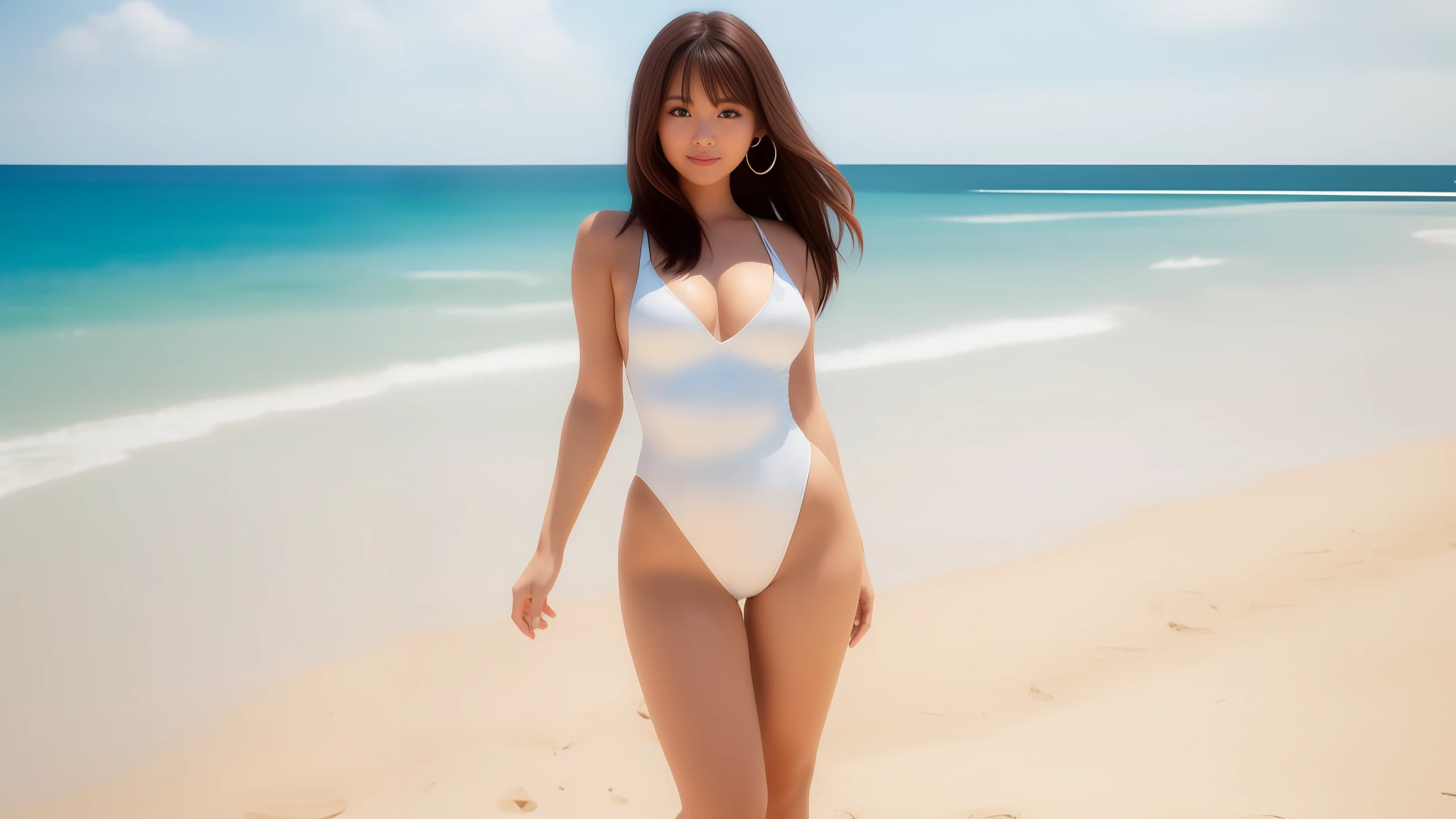 Ala Fed woman in high leg dress swimsuit on the beach, gorgeous model, wearing white high leg one piece swimsuit, posing on the beach, posing on the beach with the sea, smooth white environment, brown hair and perfect body, white high leg one piece swimsuit, sexy body, beautiful asian girl, light from the front, bright sunlight shining on her face, detailed face, Detailed high-leg one-piece swimsuit, symmetrical face, symmetrical high-leg one-piece swimsuit, high-leg one-piece swimsuit without knots on both sides, emphasizing cleavage,