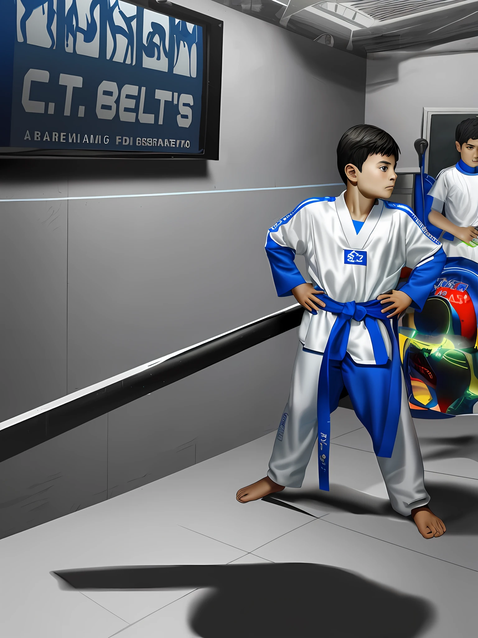 10 year old boy taekwondo fighter, futuristic, realistic,