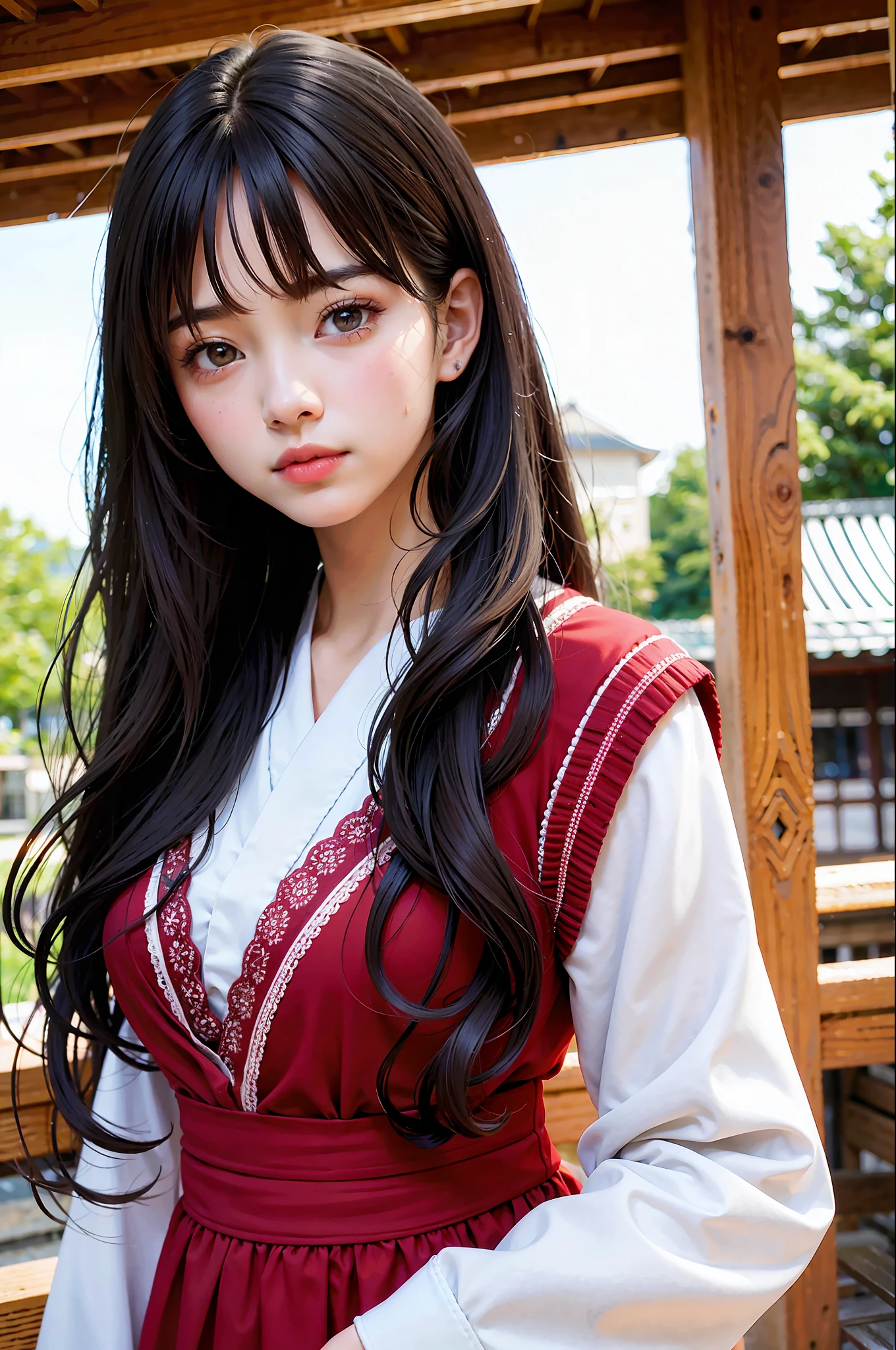 Top quality, masterpiece, black hair, brown eyes, red clothes, looking up, upper body, hair strands, fair skin, long wavy hair, Japan woman, teenage
