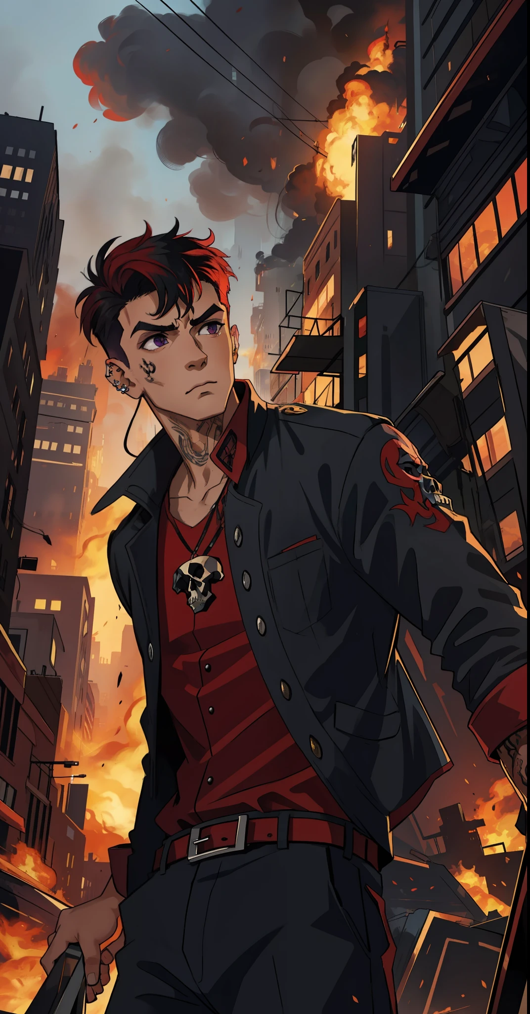 (masterpiece, best quality), intricate details, 8k, artstation, wallpaper, official art, splash art, sharp focus,
1boy, short hair half shaved on the sides, black hair with red locks, purple eyes, skull mask on the face, with a threatening expression, tattoo on the body
blood on the face and body, piercing of the eyebrow and mouth, apocalypse in the background
skyscrapers on fire, city, buildings, cars, street destroyed