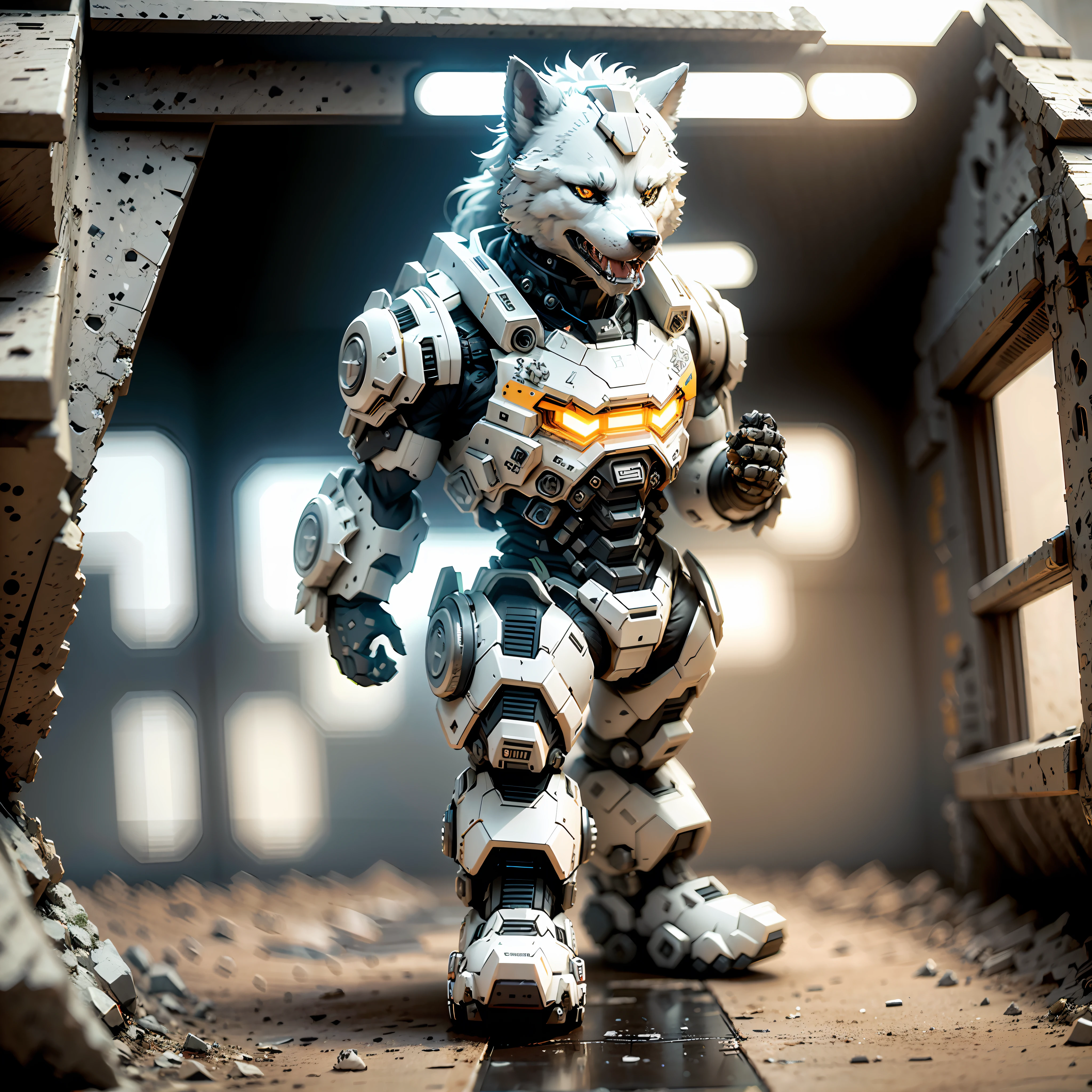Wolf Dog Mecha, Humanoid, Full Body, Solitary, Cyberpunk, Delicate Dog Head Head, Popmart Blind Box, Clay Texture, Treading on Earth, Black and White Background, Natural Light, Best Quality, Hyper Detail, 3D Art, C4D, OC Renderer, 3D Rendering, 8K