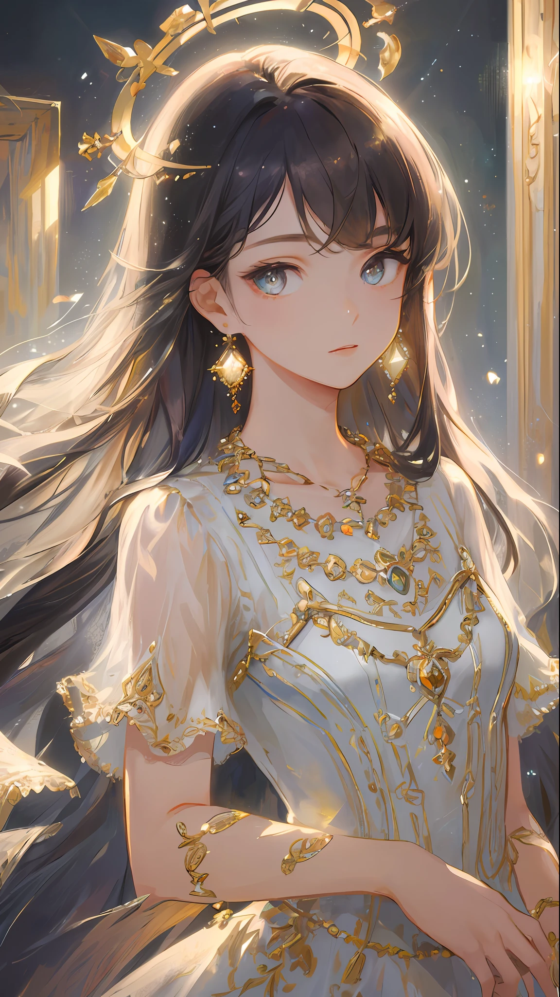 Masterpiece, Superb Painting, Illustration, (Gorgeous Hair: 1.1), Earrings, Necklace, Dress, 1girl, Cute, (Dynamic Light: 1.2), Cinematic Light, Delicate Facial Features, Detailed Eyes, Sharp Pupils, Realistic Pupils, Background Bokeh, Clear Focus, (Ultra Detail, Halo, Glow: 1.4), Many Small Gems