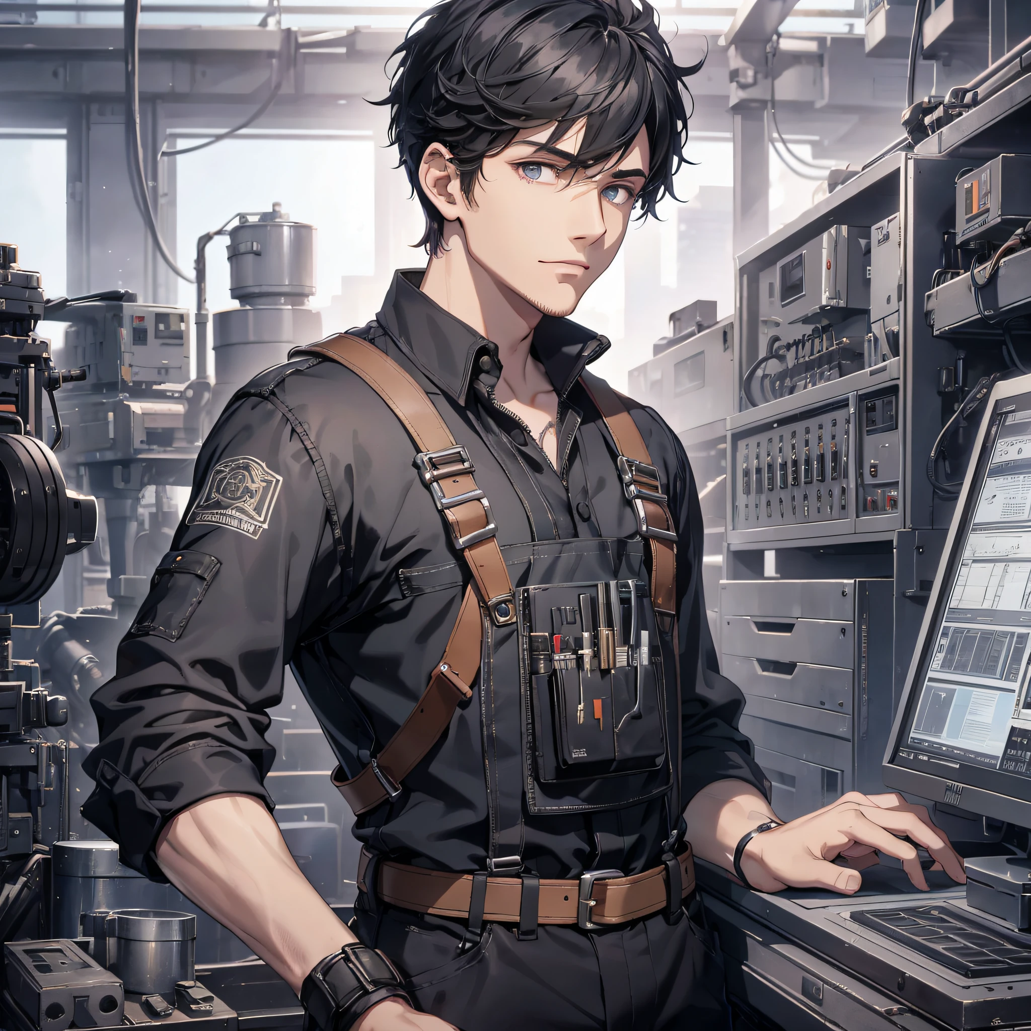 A twenty-year-old male technician in black overalls with short black hair researches instrument 1.5 in the factory (background is Tech Factory 1.5) (best quality: 1.1) (masterpiece: 1.3) with an unparalleled masterpiece, surreal 8K, perfect artwork, super detail, best quality, masterpiece 4K wallpaper aesthetics, masterpiece, award-winning artwork, official art, cinematic lighting (handsome young man 1.5) (handsome guy 1.5)