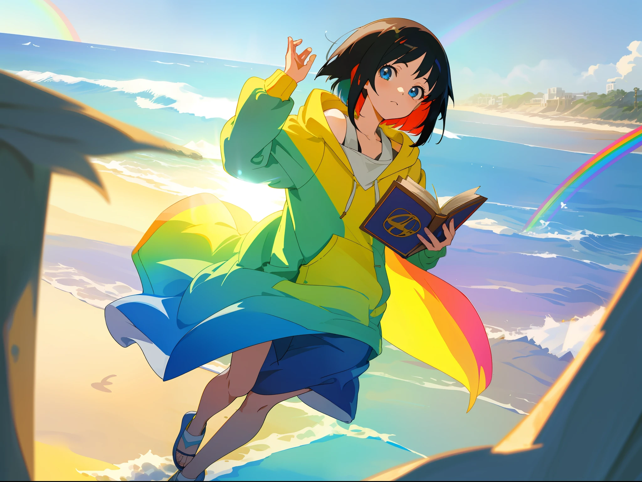 1 girl, masterpiece, best quality, anime, short shoulder length hair, attractive eyes, (fancy hoodie, rainbow), extremely detailed, full body, in a beach, holding a book, lens flare, by studio ghibli, SFW,