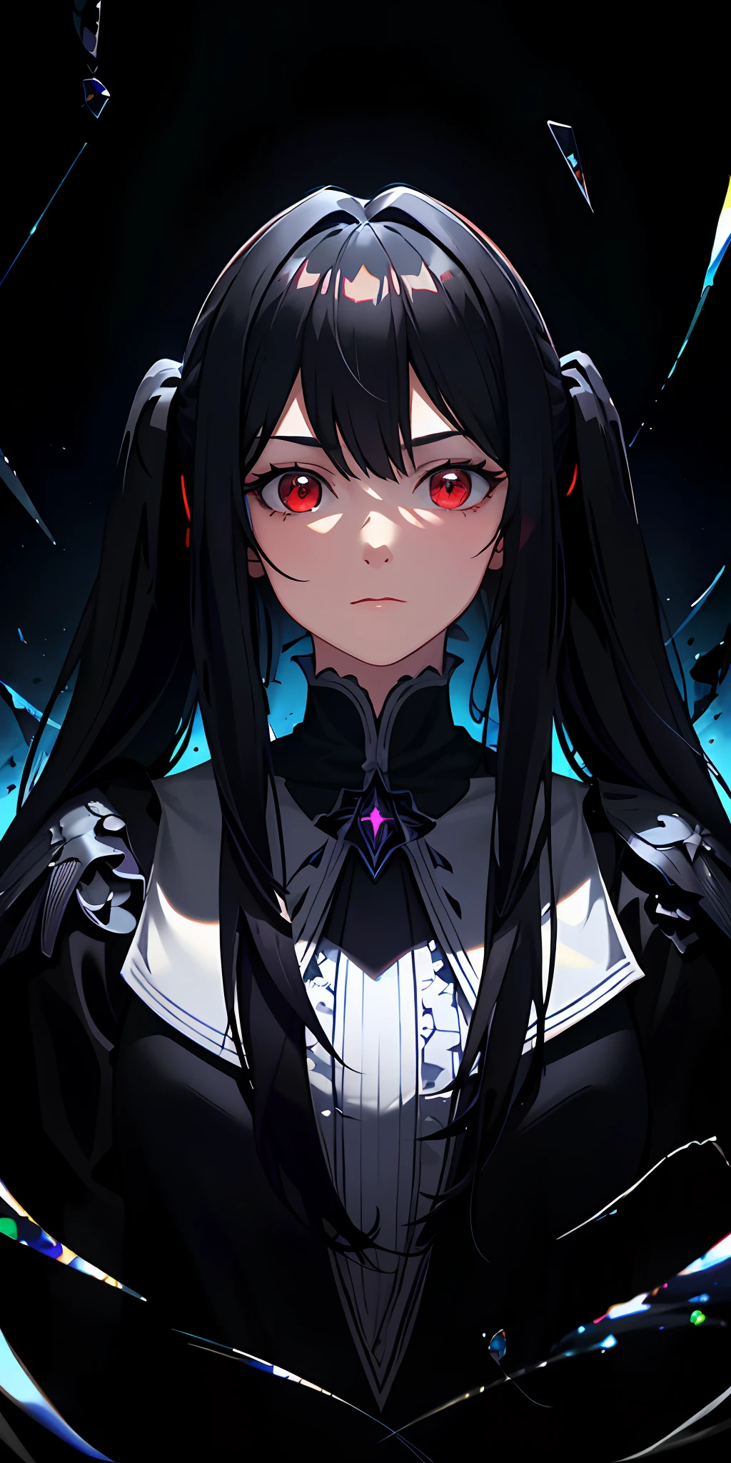 (masterpiece, best quality, ultra-detailed, best shadow), (detailed background,dark fantasy), (beautiful detailed face), high contrast, (best illumination, an extremely delicate and beautiful), ((cinematic light)), colorful, hyper detail, dramatic light, intricate details, (1 girl, solo,black hair, sharp face,low twintails,red eyes, hair between eyes,dynamic angle), blood splatter, swirling black light around the character, depth of field,black light particles,(broken glass),magic circle,