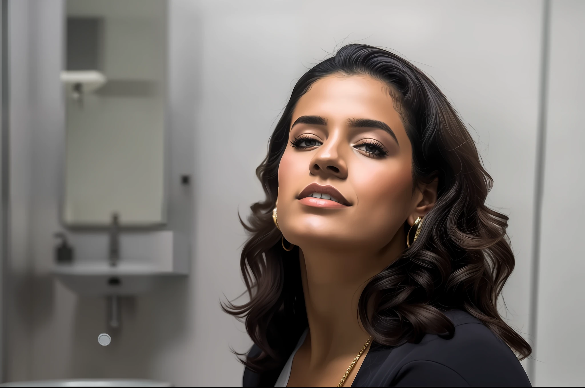 There is a woman who is standing in a bathroom with a toothbrush, Malika Favre, looks like Fabiula Nascimento, Andrea Rocha, inspired by Maria Helena Vieira da Silva, carola rubio, 3 5 years old Brazilian mother, by Almada Negreiros, by Willian Murai, by Amelia Peláez, by Gina Pellón, "An ultra-detailed 8k masterpiece, of better quality and high saturation. The image features an outfit illustration featuring a stunning thick European girl wearing a tight leggings outfit, including tight open shirt, F cup, white sneakers and a blue background."