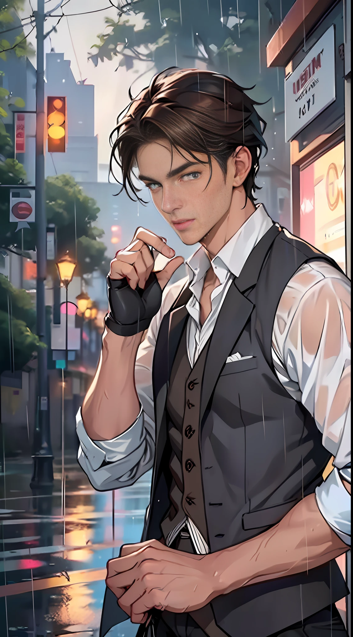 (Best Quality, 4K, Masterpiece: 1.3), Handsome Man, 1boy, Sexy: 1.1, Dark Brown Hair: 1.1, (Rain Wet, Rain Wet: 1.2), White Vest, Ultra-detailed face, Detailed lips, Delicate eyes, Single eyelids