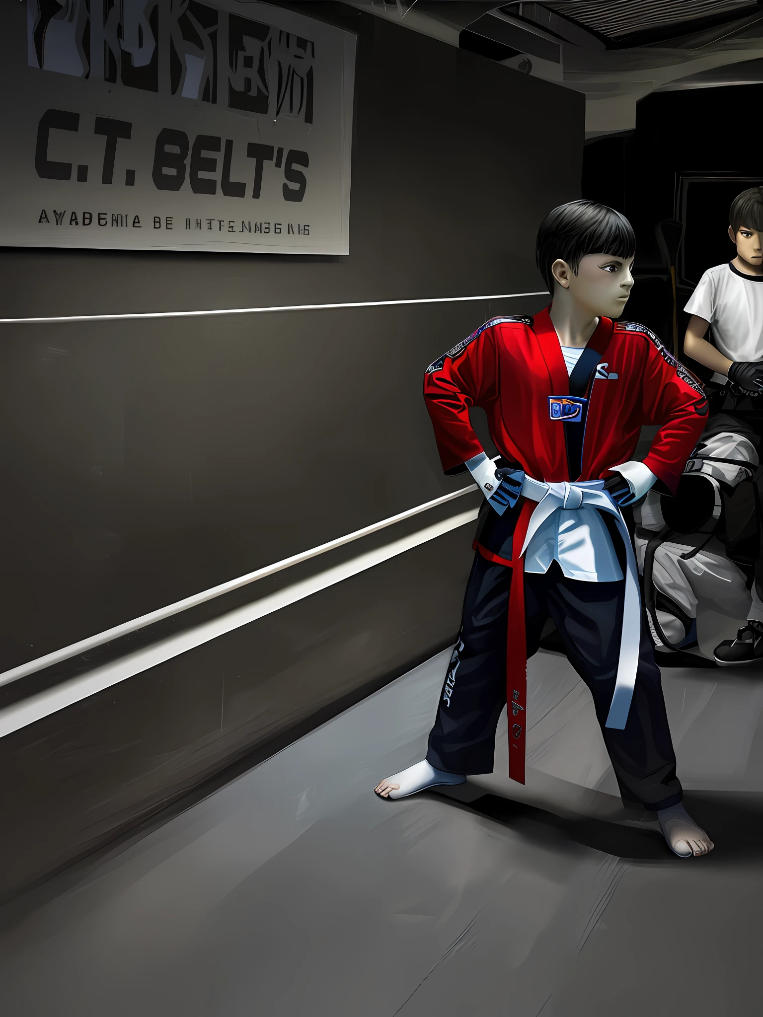 10 year old taekwondo fighter, futuristic, gothic
