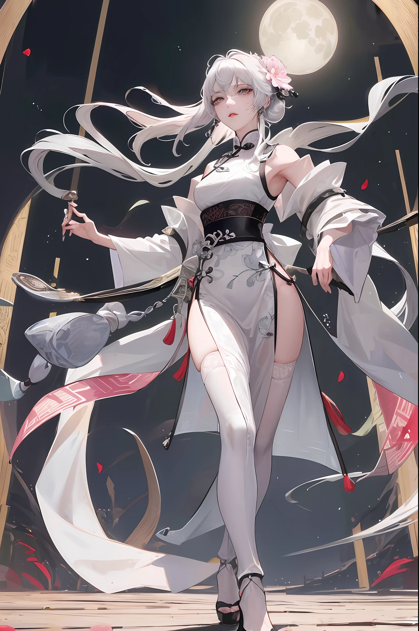 Masterpiece, Superb Product, Night, Full Moon, 1 Woman, Mature Woman, Chinese Style, Ancient China, Full Body, Sister, Royal Sister, Cold Face, Expressionless, Silver-White Long-Haired Woman, Light Pink Lips, Calm, Intellectual, Three Bands, Gray Eyes, Assassin, Short Knife, Flower Ball Background, Walking Street View