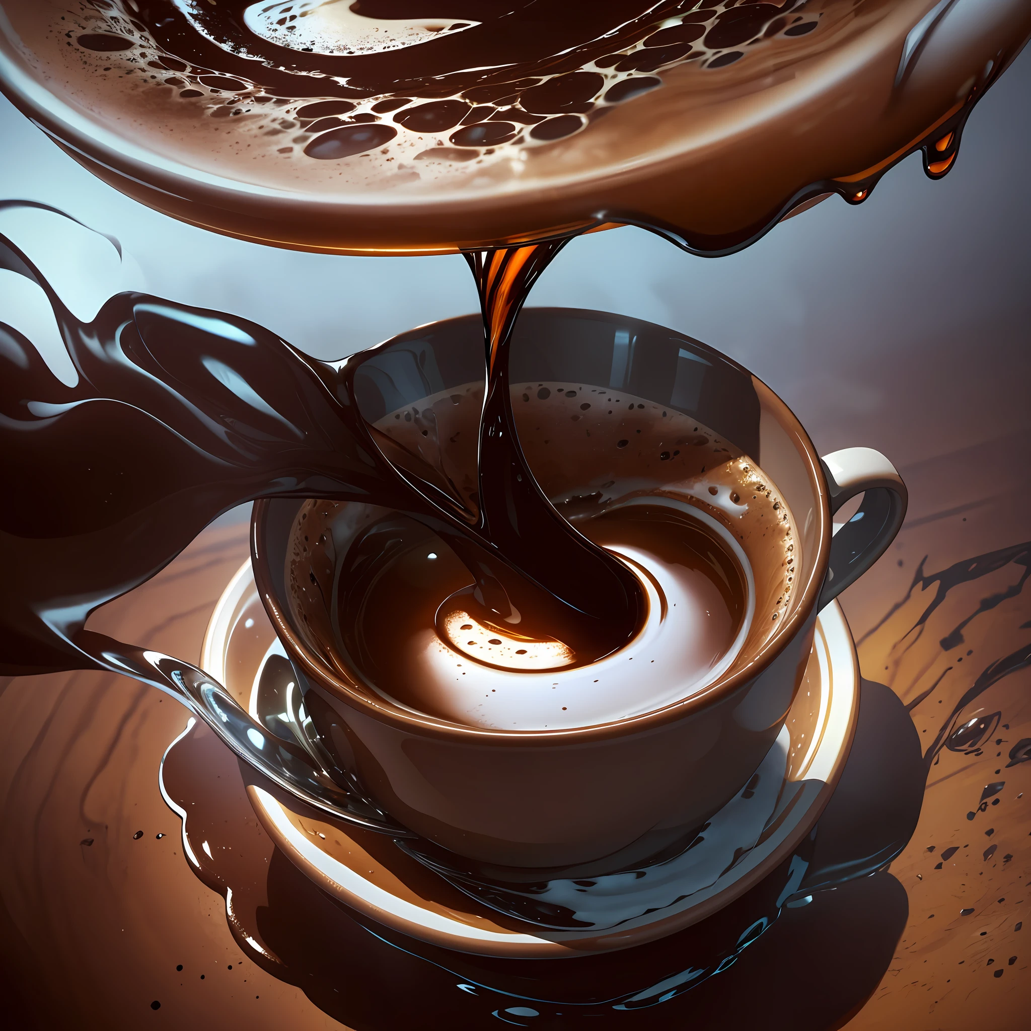 A dark, chunky cup of coffee suspended in the air, the rich, steaming liquid spiraling upward on a mesmerizing anti-gravity screen. --auto --s2