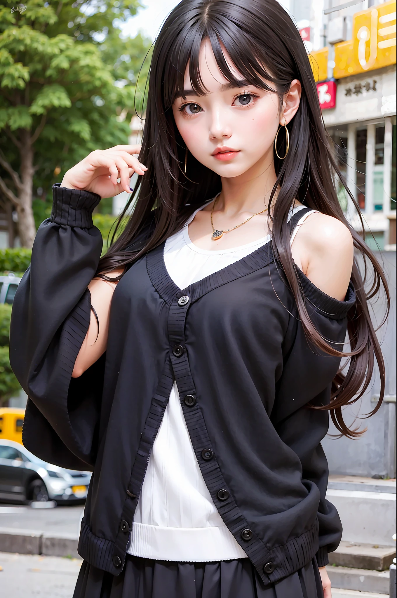 Top quality, masterpiece, black hair, brown eyes, mini skirt, looking up, upper body, hair strands, fair skin, long wavy hair, Japan woman,