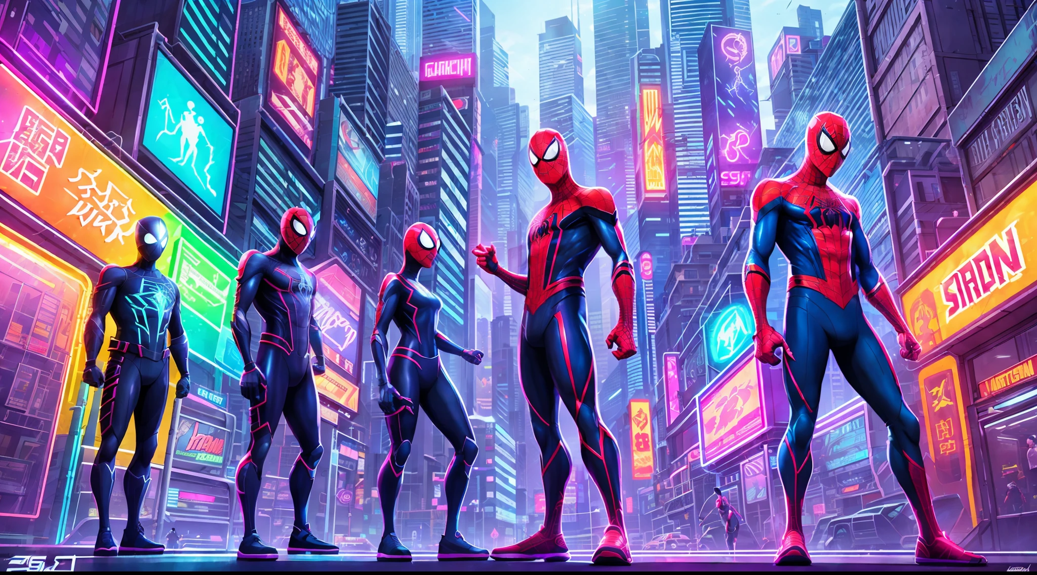 Spiderman, loish, full body shot, character sheet, lightningwave, 3d, cgi, glowing neon, cyberpunk, streetwear clothing, neon city --auto --s2