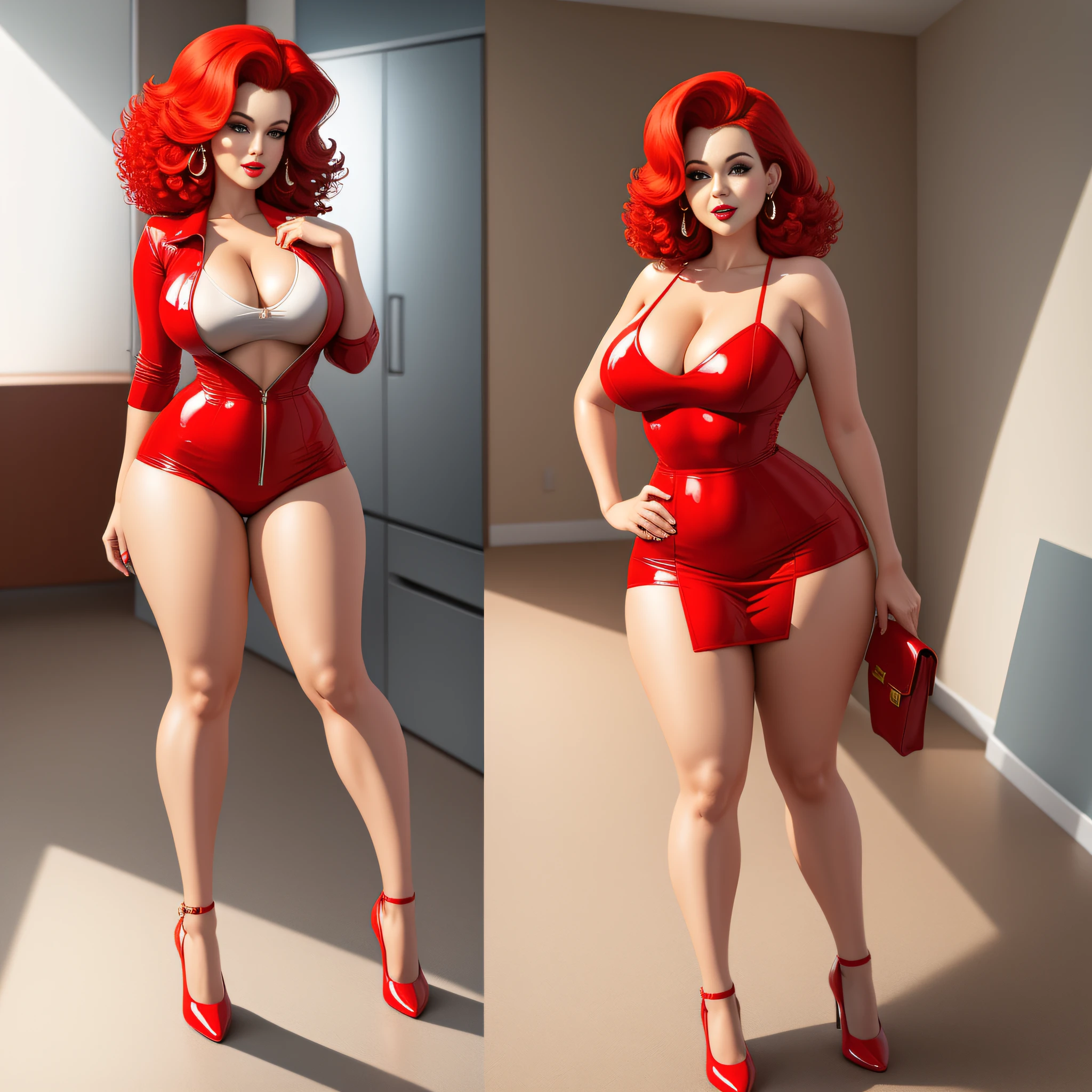 full body portrait, Jessica Rabbit 1980s \(style\), 1girl, red hair, retro artstyle, short curly hair, solo, red dress, red shoes, unbutton_shirt, (natural_breasts:1.2), medium_breasts, cleavage, white bra showing, lace white bra, full body shot, model pose, shoes visible, ass view, face view, multiple viwes, white thong see thru