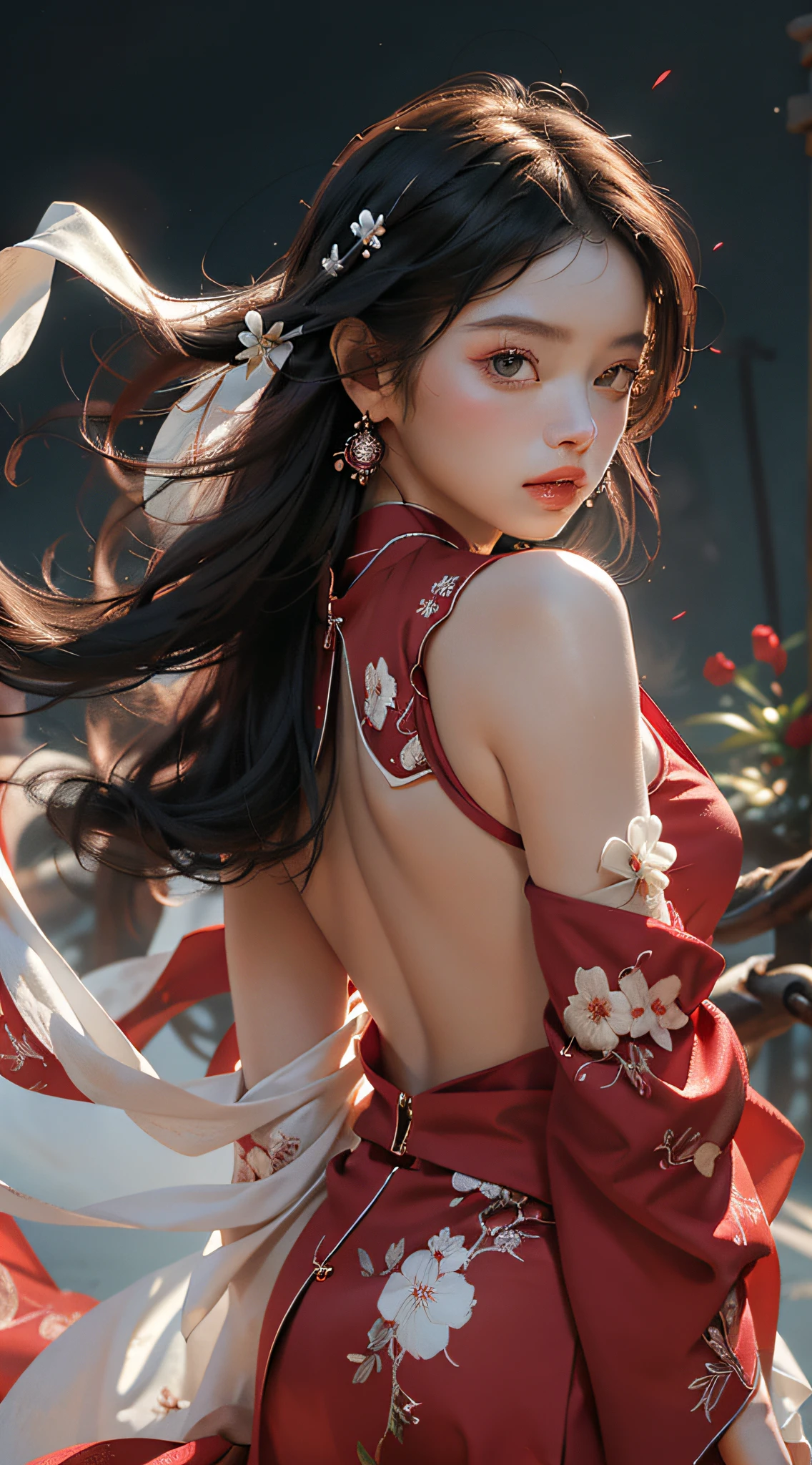 Super high quality, masterpiece, perfect illustration, extreme detail (exquisite light and shadow, highly dramatic picture,) Stroke, 1 girl, solo, (wearing red, black and white Hanfu,) flower field, flowers, (white smoke:1.3) (Realistic:1.4), Zen entanglement, tangled, official art, Unity 8k wallpaper, super detailed, beautiful and beautiful, masterpiece, best quality, (dynamic angle: 1.4), glowing skin, (floating colorful flashes: 1) the most beautiful chaotic forms, elegant, brutalist design, Bright colors, romantic depth of field exotic_dance, half_naked