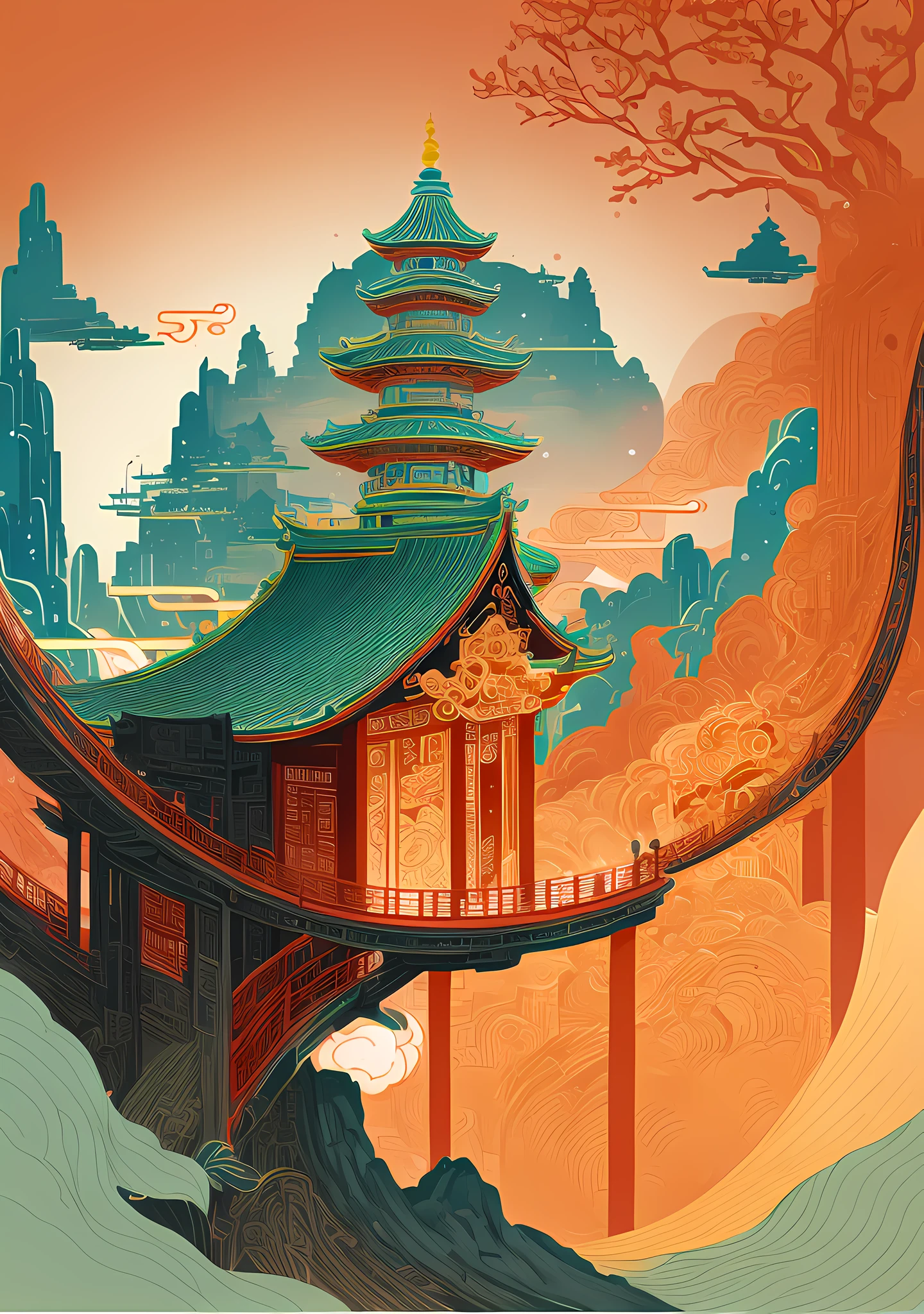 A book cover, a bridge, Chinese style, a beautiful artwork illustration, poster illustration, Victo Ngai and Tristan Eaton, digital illustration style, Victo Ngai style, digital painting of bridges, Jen Bartel, Chinese style painting,