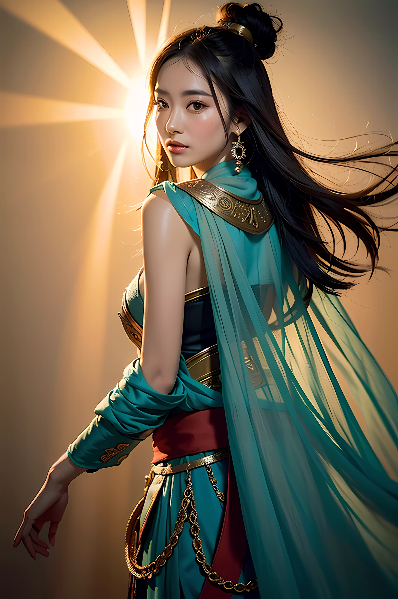 1girl, Dunhuang Flying Apsaras costume, messy long hair, Ji Jian, Dunhuang style, a lot of smoke, superb, elegant colors, (realistic, high detail, masterpiece, super detailed, dynamic angle, mural background, ink wash, amazing, movie lighting, illustration, chiaroscuro, backlighting, god rays, holland, best quality, best quality