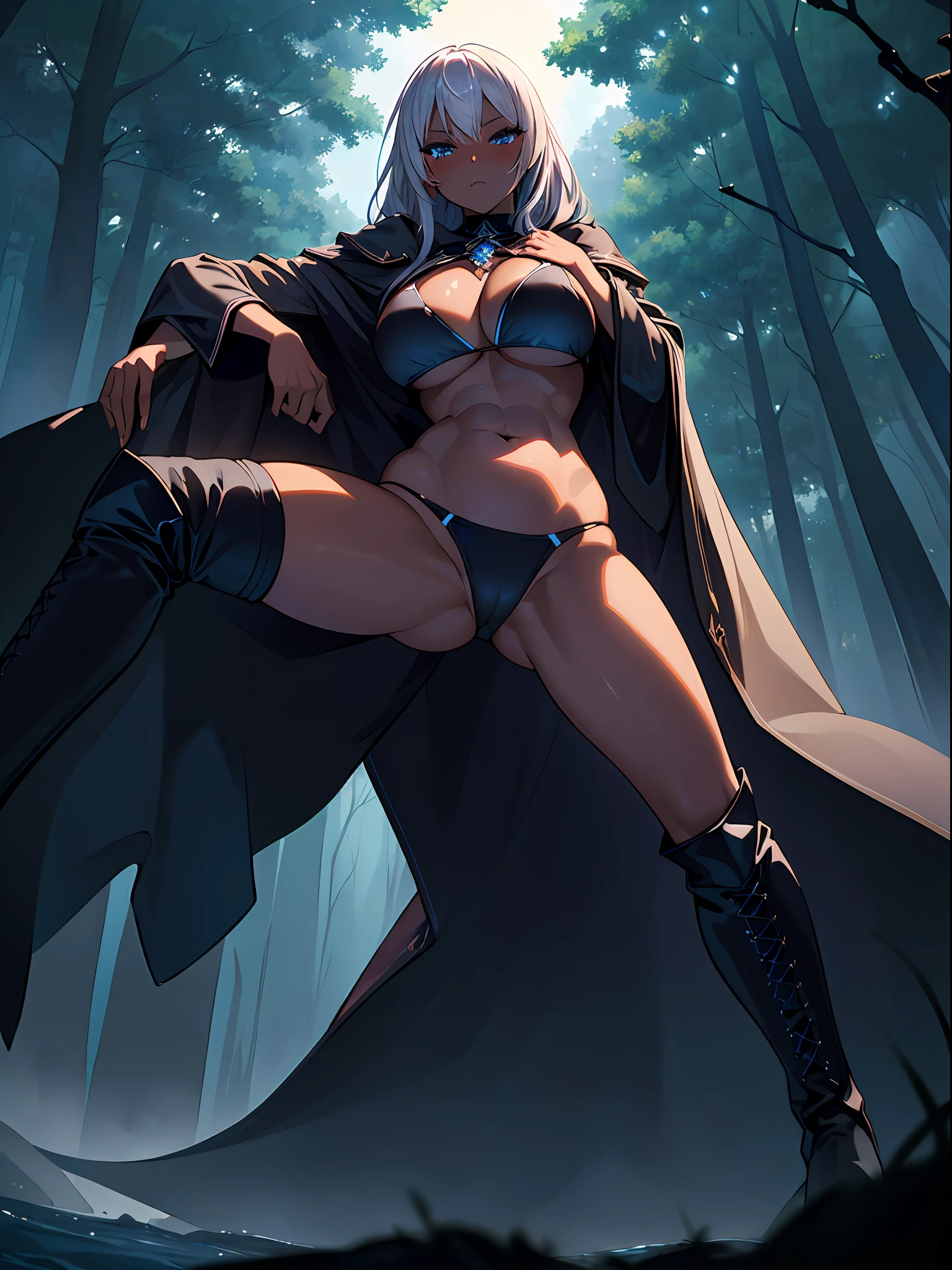 (Masterpiece, best quality, high resolution, hyper realistic, perfect anatomy), (1 woman, Silver hair),(extremely detailed face) (beautiful detailed eyes), huge breast, (tall stature) (Black triangle bikini, black micro bikini, Low Rise Bikini), (dark skin:1.2), (toned:1.1), (blue eyes, beautiful detailed eyes) (slender), Armature, looking at viewer, (blush:1.1), perfect lighting, cinematic lighting, dynamic lighting, Dark Fantasy, dark clouds, cloudy sky, sunrise, (from below:1.2), (spread legs:1.2),(black knee high boots), (arm cover black), (black medieval cloak) majestic trees, fantasy forests that create a sense of mystery and enchantment, bridge in a forest with a stream