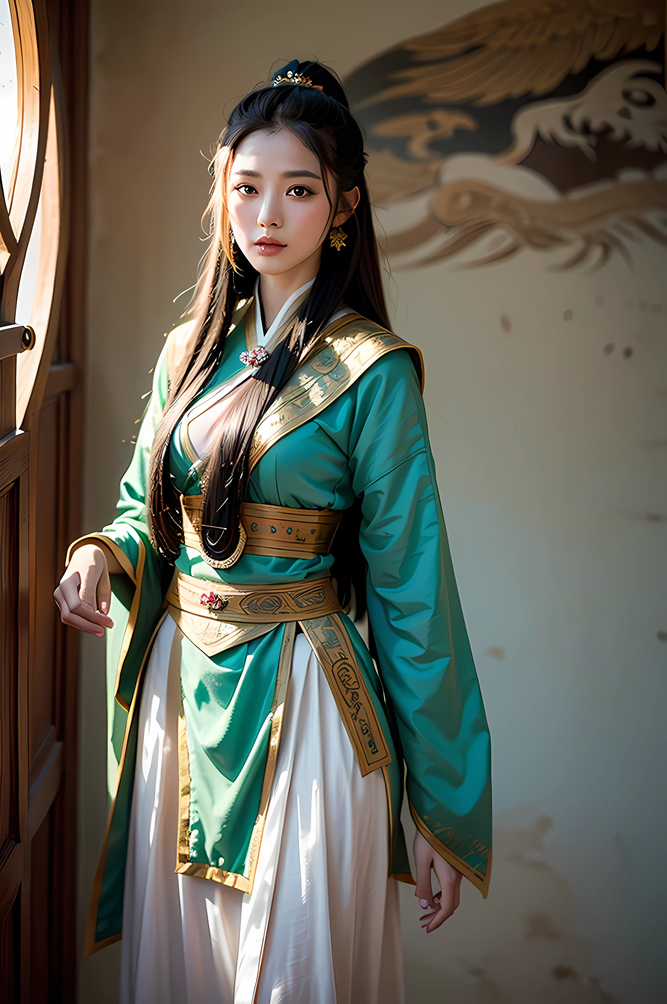 1girl, Dunhuang Flying Apsaras costume, messy long hair, Ji Jian, Dunhuang style, a lot of smoke, superb, elegant colors, (realistic, high detail, masterpiece, super detailed, dynamic angle, mural background, ink wash, amazing, movie lighting, illustration, chiaroscuro, backlighting, god rays, holland, best quality, best quality