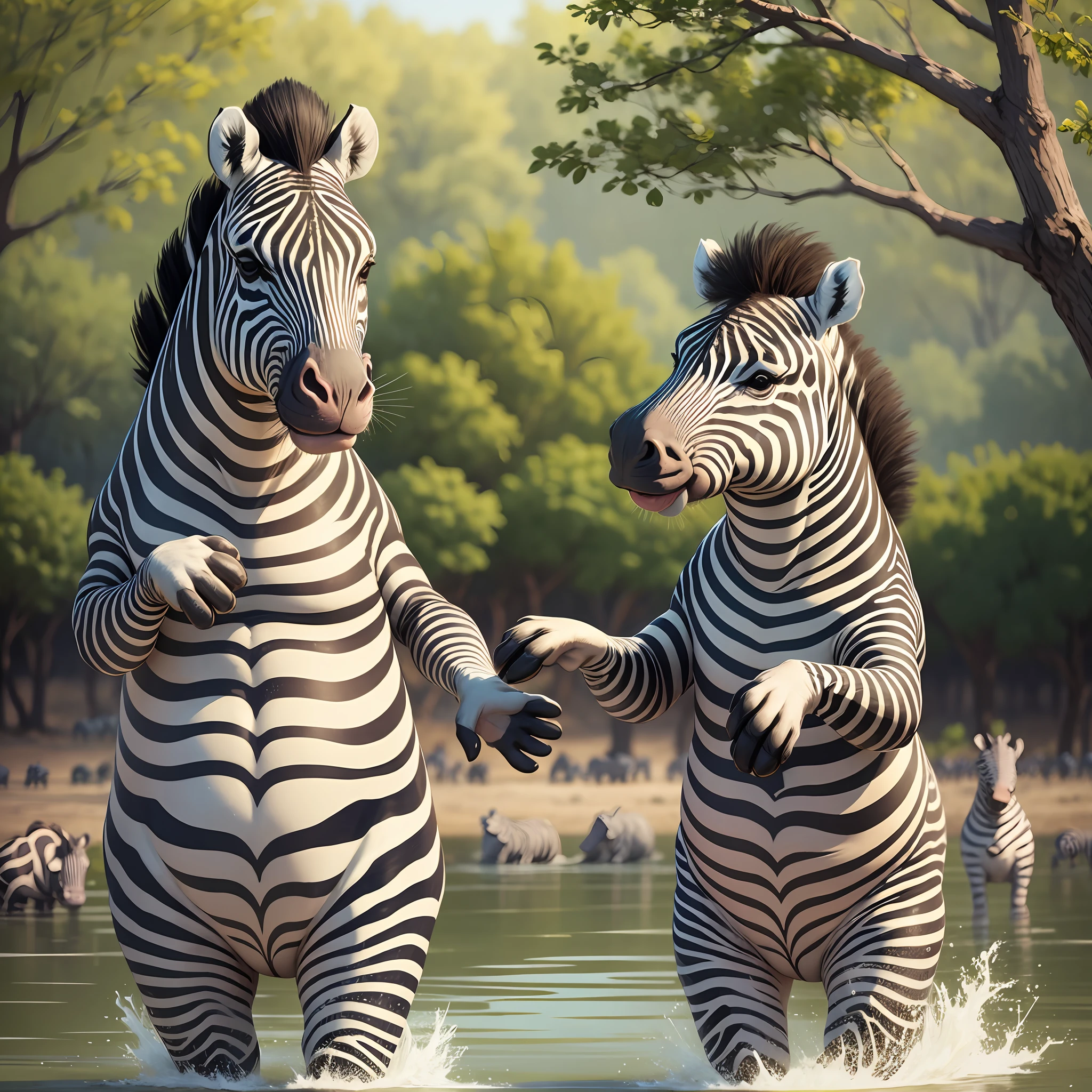 Cute zebras dancing hand in hand with cute hippos --auto --s2