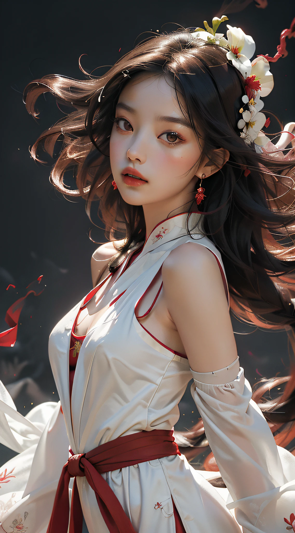 Super high quality, masterpiece, perfect illustration, extreme detail (exquisite light and shadow, highly dramatic picture,) Stroke, 1 girl, solo, (wearing red, black and white Hanfu,) flower field, flowers, (white smoke:1.3) (Realistic:1.4), Zen entanglement, tangled, official art, Unity 8k wallpaper, super detailed, beautiful and beautiful, masterpiece, best quality, (dynamic angle: 1.4), glowing skin, (floating colorful flashes: 1) the most beautiful chaotic forms, elegant, brutalist design, Bright colors, romantic depth of field exotic_dance, half_naked