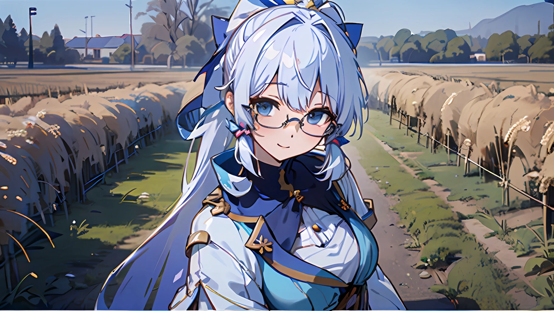 Ayaka, the Solemn Knight with a Ponytail, wearing Glasses and White Hair, is standing in the middle of a Field Background, adding a touch of Knight Armor(0.7) to her charm. She has a Medium Breast and an inviting Smile with her Hair Accessories,