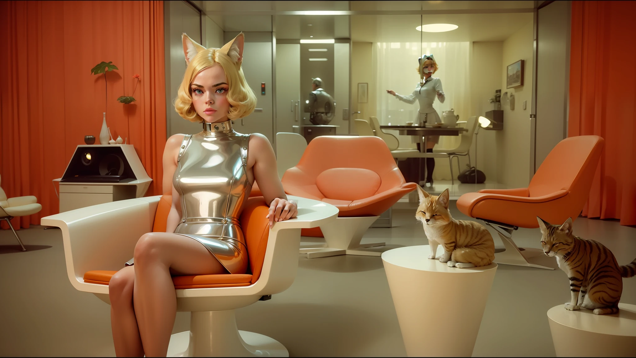 blond woman in silver dress sitting in chair with cat in room, monolithic retro futuristic, still frame from a movie, in a candy land style house, by Pierre Laffillé, emma stone as a pinup girl, circa 1970, girl with fox ears, sexy movie photo, large glass ceilings, inspired by Syd Mead, copper, 2070s --auto --s2