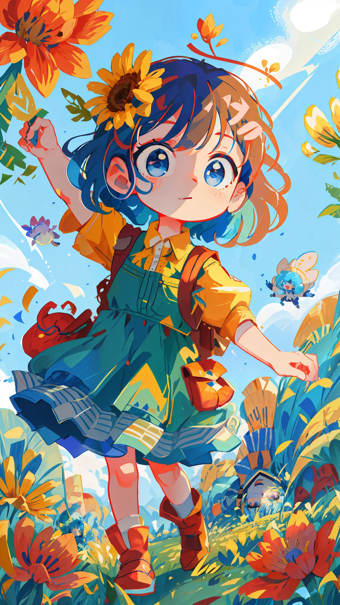 Cartoon boy in flower field with backpack, kids art in art station, cute detailed digital art, cute art style, cute detailed artwork, cute digital painting, girl in flowers, cute digital art, blue hair, blue hair, blue hair, blue hair, blue hair, blue hair, blue hair, blue hair, blue hair, girl dancing in flower field, full body portrait short! , boy in flower field, beautiful artwork illustration, boy jumping in flower field, blue hair, blue hair, blue hair, blue hair, blue hair, blue hair, blue hair, blue hair