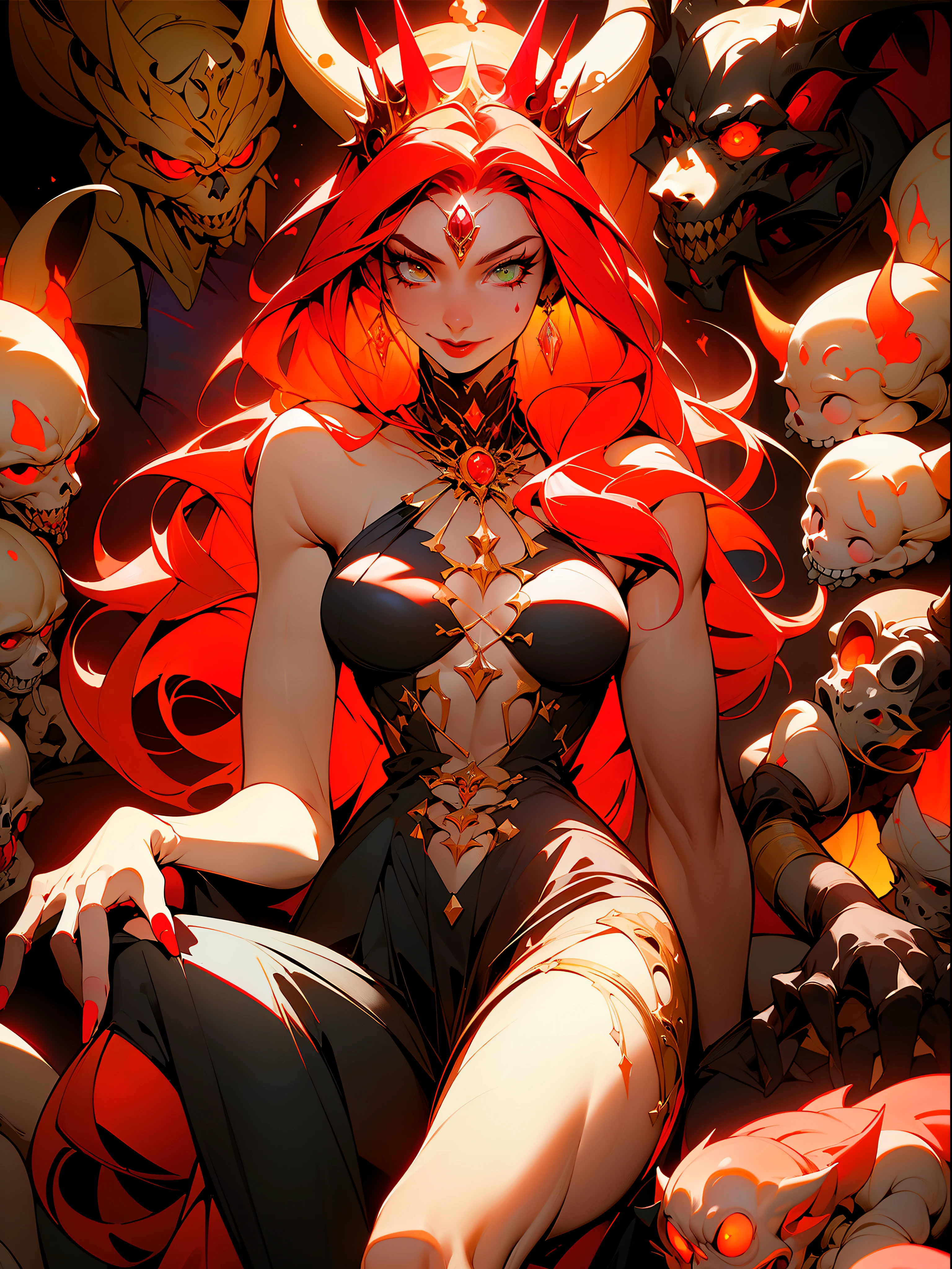 ((Best quality)), ((masterpiece)), (detailed: 1.4), (Absurd), Spawn woman, reborn from hell with several small demons and skeletons at her feet, beautiful, red hair, long shed with her legs out, crown with two long ciphers, full body, perfect body, generous neckline, hellish scene