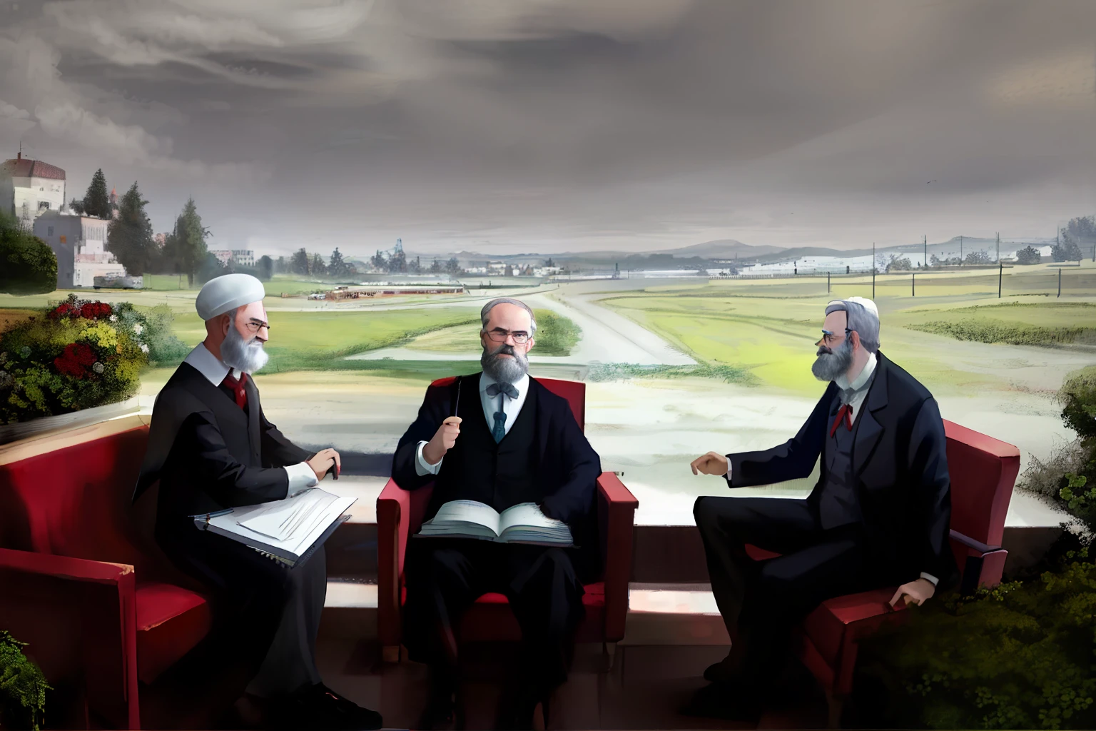 Émile Durkheim, max weber, karl marx and my sociology professor sitting talking about simple cartoon string cover