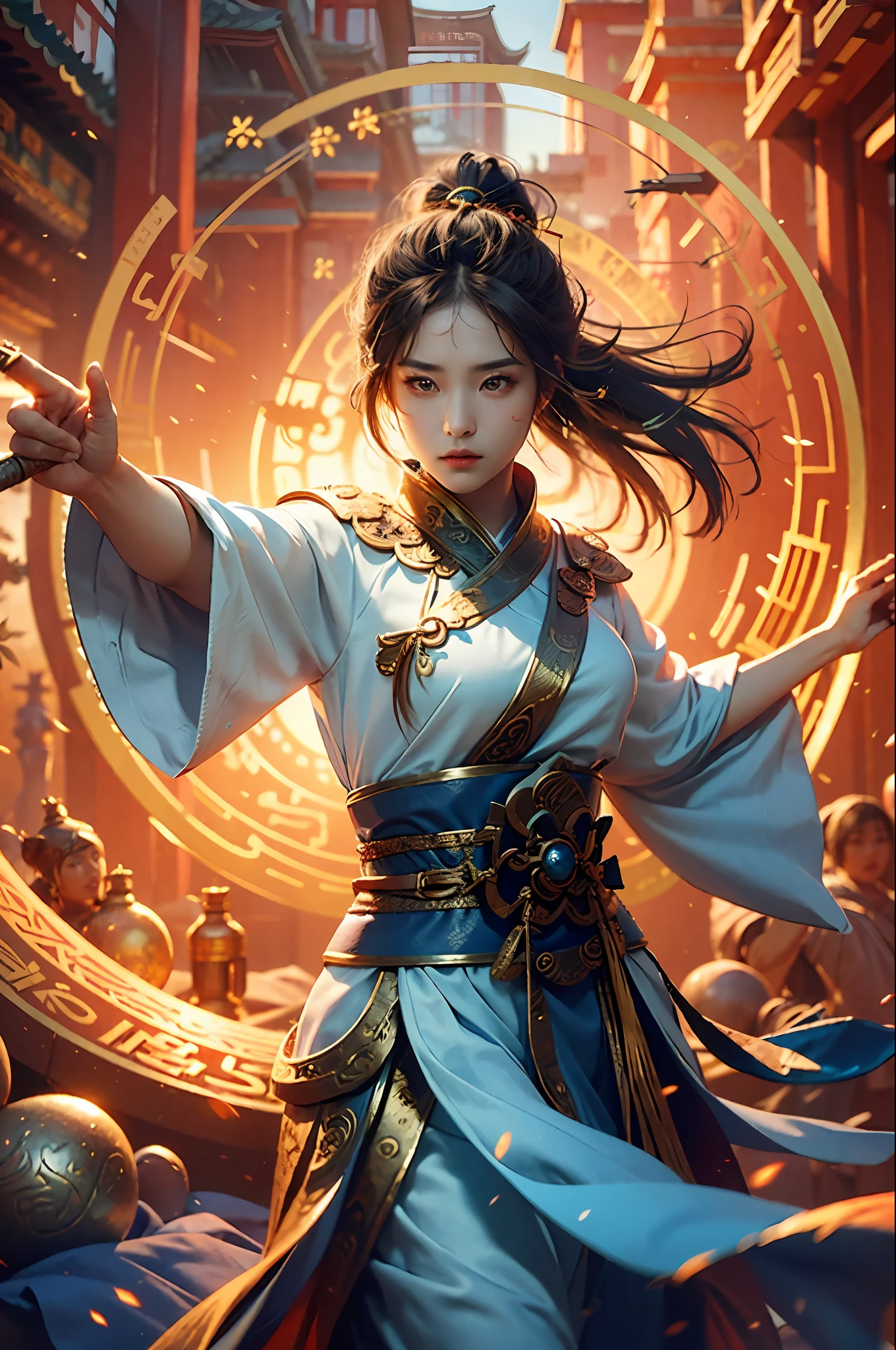 Best Quality, Masterpiece, Ultra High Resolution, (Realistic: 1.4), Xiu Xian, Weapon, Detail Face, 1 Girl, Solo, Weapon, (Magic Circle: 1.2), Xiu Xian, Upper Body, Interact with People, Beautiful Girl, Full Body, East Asian Architecture, Sheath, Building,