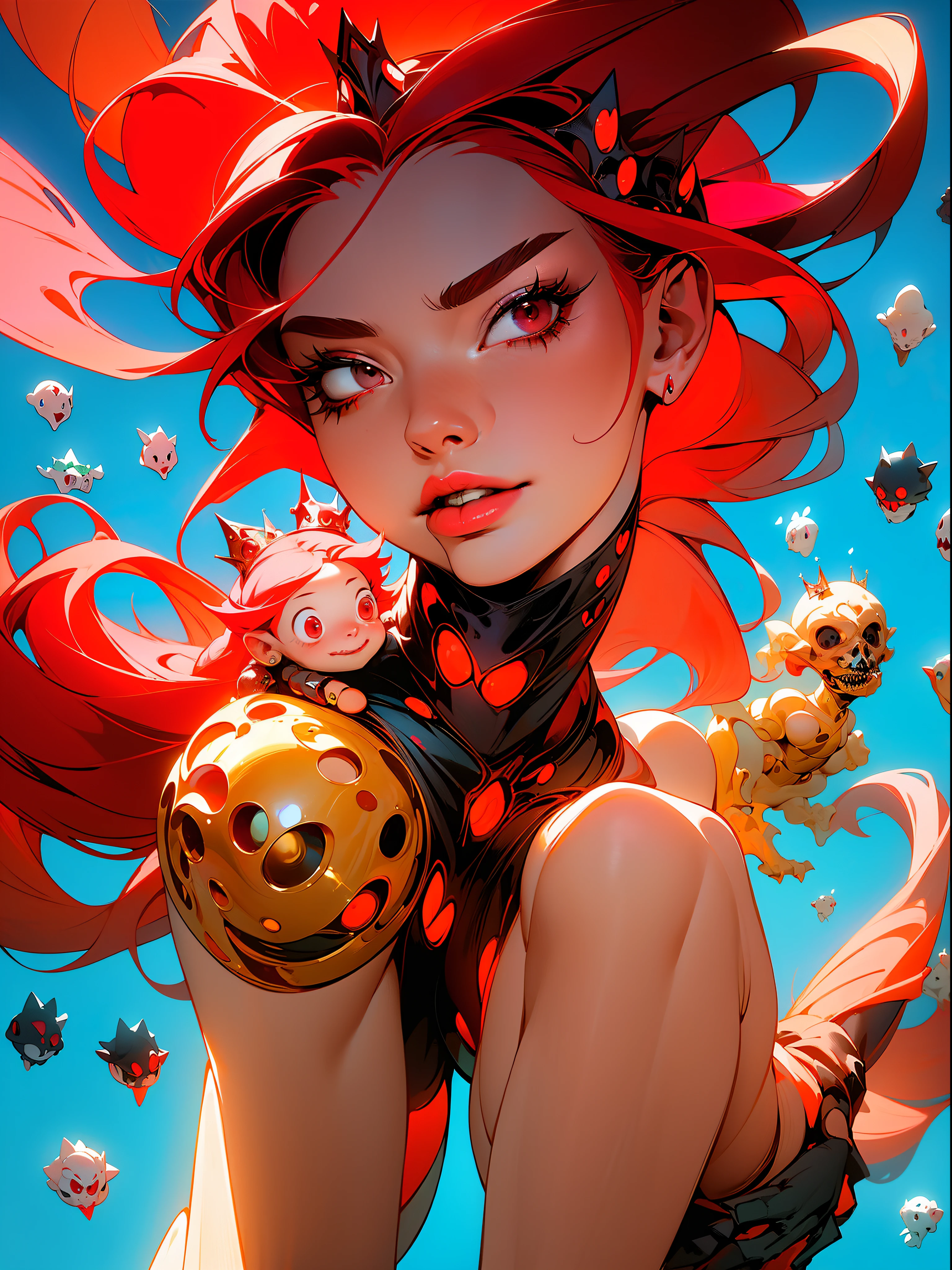 ((Best quality)), ((masterpiece)), (detailed: 1.4), (Absurd), Spawn woman, reborn from hell with several small demons and skeletons at her feet, beautiful, red hair, long shed with her legs out, crown with two long ciphers, full body, perfect body, generous neckline, hellish scene