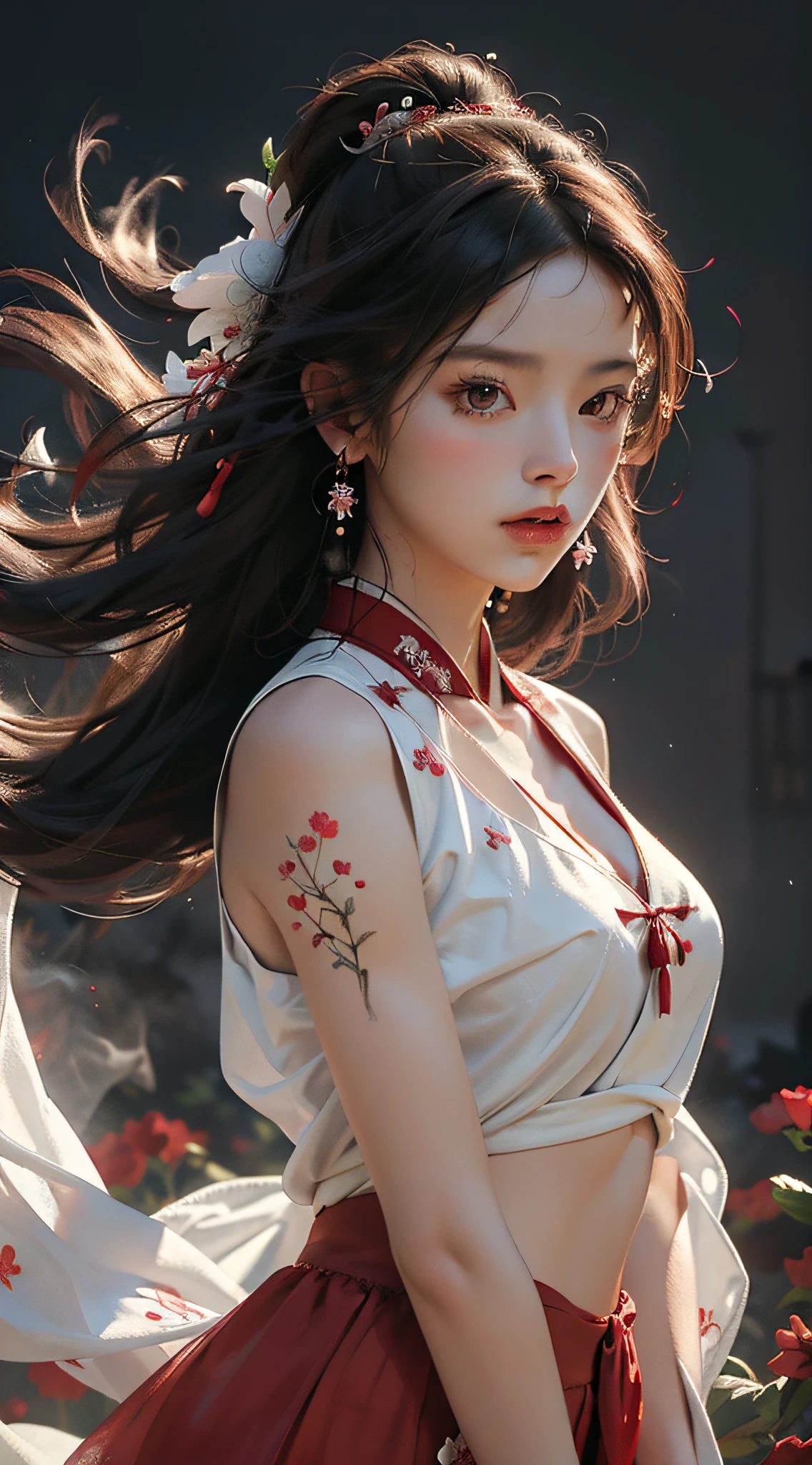 Super high quality, masterpiece, perfect illustration, extreme detail (exquisite light and shadow, highly dramatic picture,) Stroke, 1 girl, solo, (wearing red, black and white Hanfu,) flower field, flowers, (white smoke:1.3) (Realistic:1.4), Zen entanglement, tangled, official art, Unity 8k wallpaper, super detailed, beautiful and beautiful, masterpiece, best quality, (dynamic angle: 1.4), glowing skin, (floating colorful flashes: 1) the most beautiful chaotic forms, elegant, brutalist design, Bright colors, romantic depth of field exotic_dance, half_naked