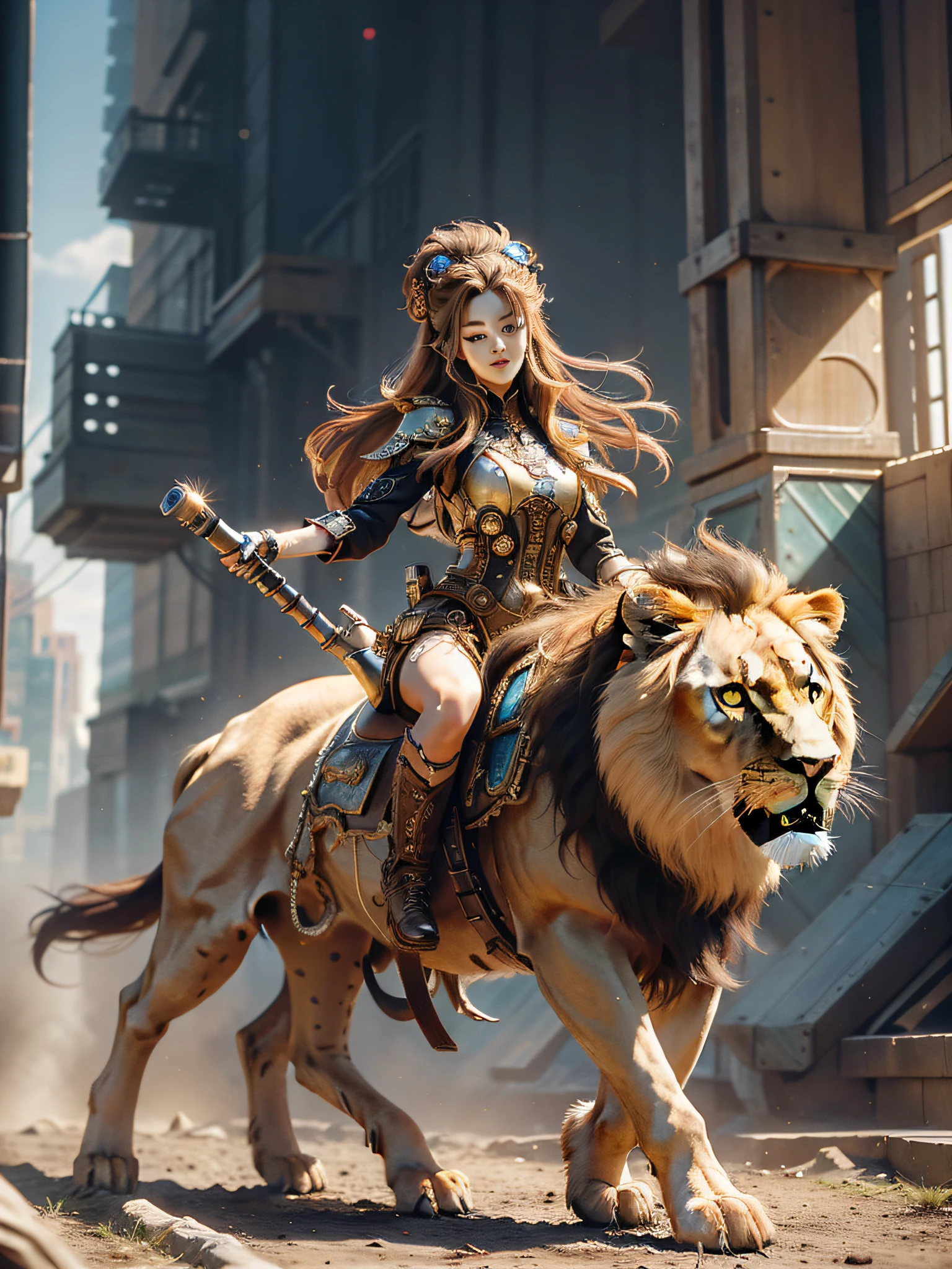 meccog, full shot, full body, best quality, masterpiece, ultra high resolution (photorealistic: 1.4), absurd, cinematic lighting (best long shot of a mechanical girl), (koh_amberheard: 0.9) ,incredibly detailed face,fantasy sci-fi creature,hyper-realistic,steampunk,intricate design,incredibly detailed,fine detailing,beautiful,pretty face, girl riding on a lion,