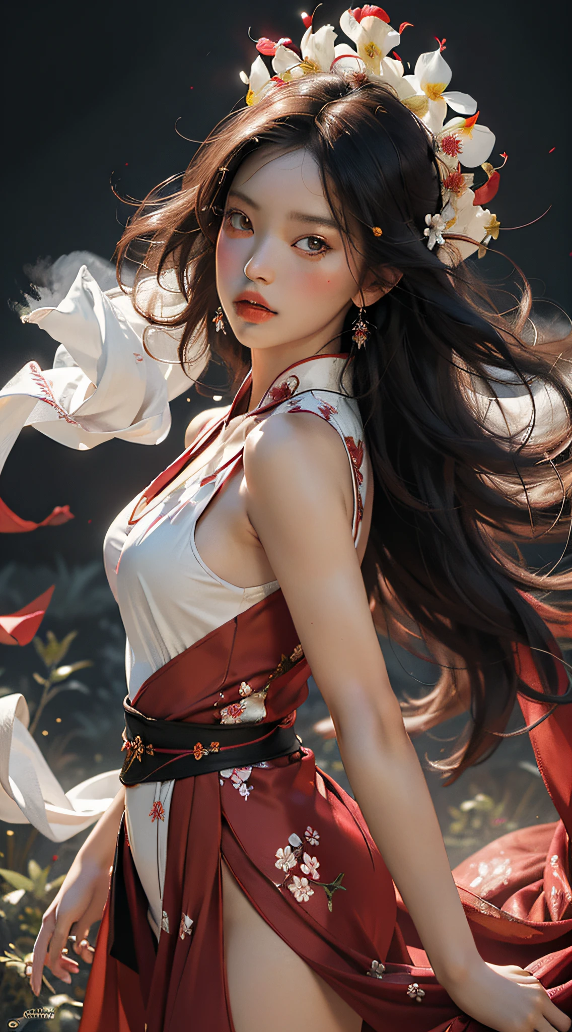 Super high quality, masterpiece, perfect illustration, extreme detail (exquisite light and shadow, highly dramatic picture,) Stroke, 1 girl, solo, (wearing red, black and white Hanfu,) flower field, flowers, (white smoke:1.3) (Realistic:1.4), Zen entanglement, tangled, official art, Unity 8k wallpaper, super detailed, beautiful and beautiful, masterpiece, best quality, (dynamic angle: 1.4), glowing skin, (floating colorful flashes: 1) the most beautiful chaotic forms, elegant, brutalist design, Bright colors, romantic depth of field exotic_dance, half_naked