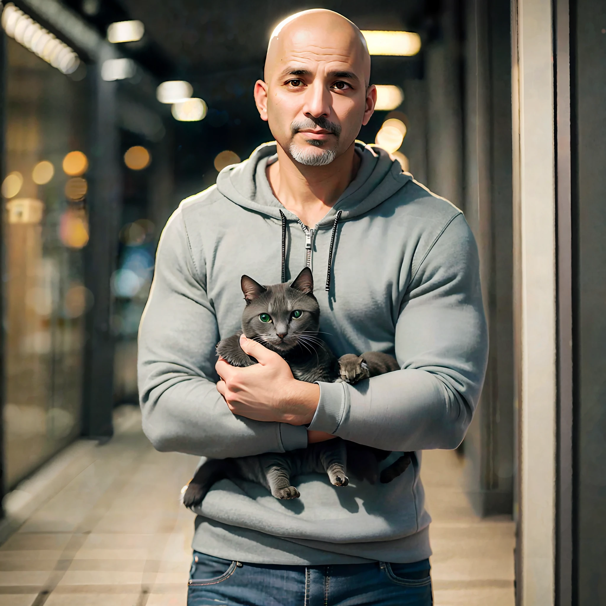 Bald Arab ethnic man, 45 years old, thin, wearing jeans, gray sweatshirt with the zipper open, visible black T-shirt, on an enclosed patio, holding a dark gray cat with green eyes in his arms, glowing light, bokeh, super detail, highres