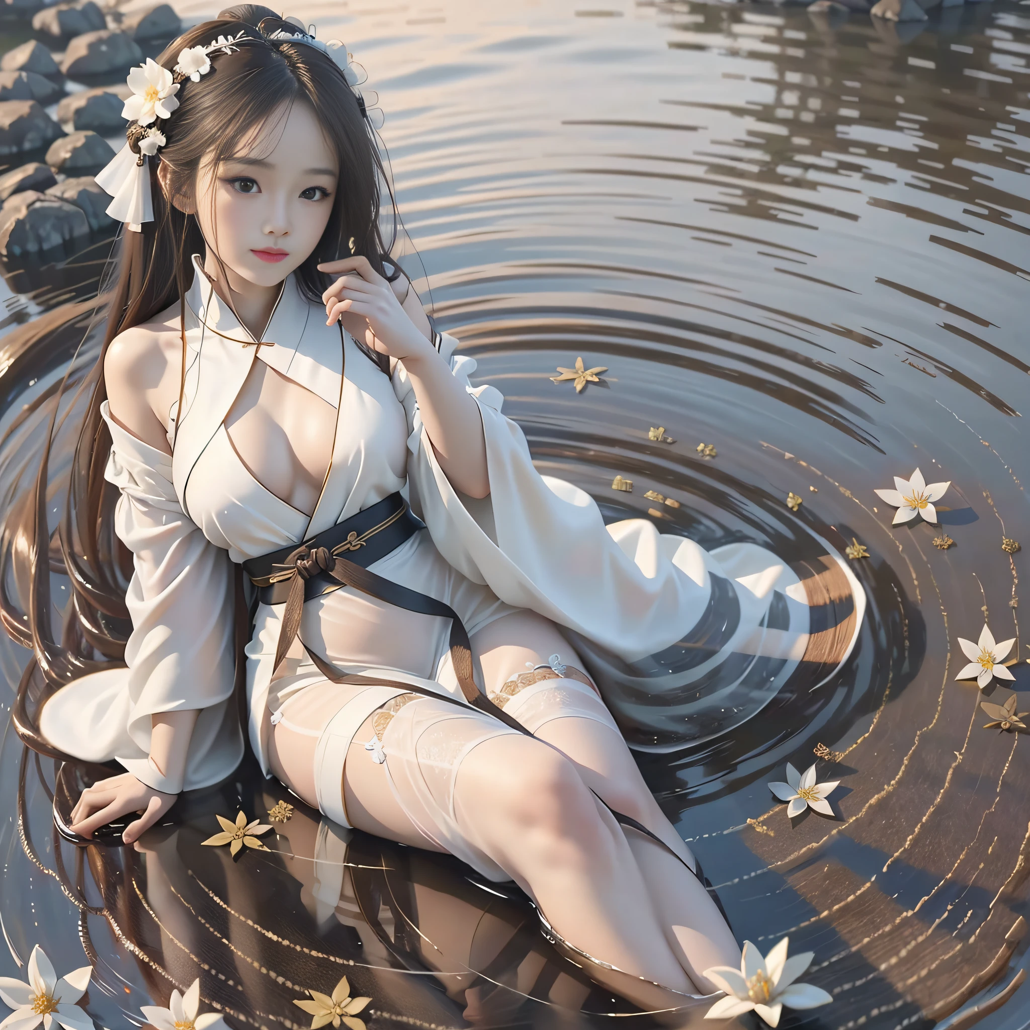 Best Quality, Masterpiece, 8K, Ultra High Resolution, (Realistic: 1.4), Highly Detailed, Intricate Details, Delicate Beauty, Good Lighting, Professional Lighting, Clear Focus, Detailed Shadows, Fine Details and Textures, Depth of Field, Unity 8k Wallpaper, Evening, Chinese Girl in the Middle of the Water, White Hanfu,