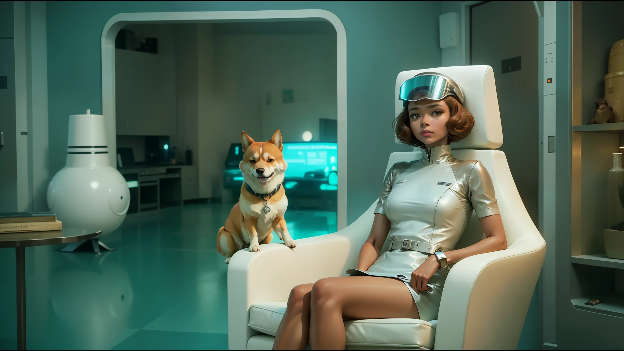 araffe sitting in a chair with a dog on it, still frame from prometheus, skintight dress, neon visor, aurora aksnes and zendaya, miranda kerr, short copper hair, nurse's leather suit, 60s, mini-skirt, anthropomorphic shiba inu, style of marcin blaszczak, tvs --auto --s2