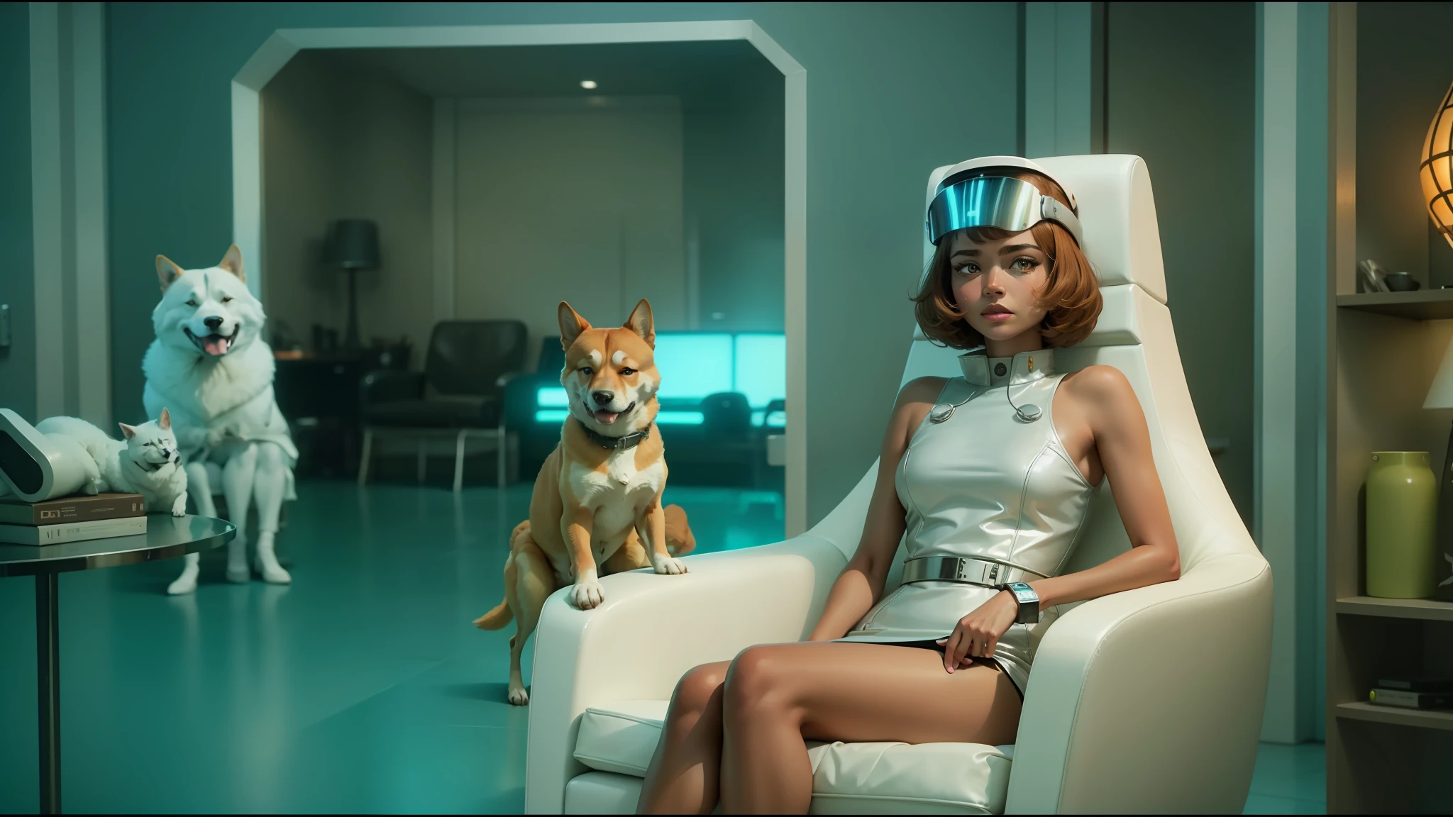 araffe sitting in a chair with a dog on it, still frame from prometheus, skintight dress, neon visor, aurora aksnes and zendaya, miranda kerr, short copper hair, nurse's leather suit, 60s, mini-skirt, anthropomorphic shiba inu, style of marcin blaszczak, tvs --auto --s2