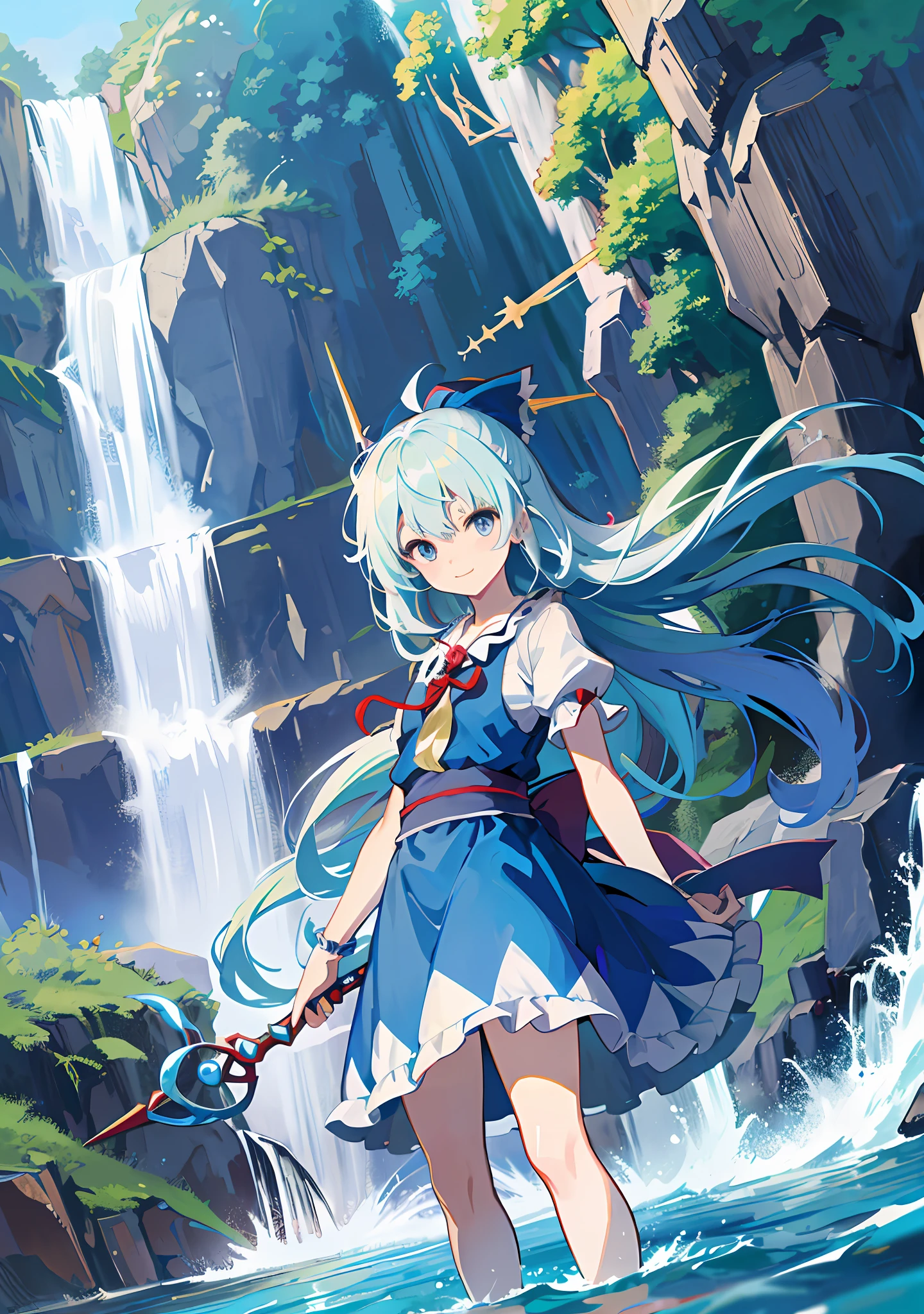 Anime girl standing in front of waterfall with white and blue hair and blue eyes, holding a trident in hand, anime portrait Cirno, Cirno Touhou, Cirno by Touhou, wallpaper anime blue water, from Touhou, Cirno, Rimuru Tempest, water from Konosuba, official art, white haired god, happy expression, loli, cute anime style, splash anime art, 8k, extreme light and shadow, ultra hd, masterpiece, Pixiv, top anime wallpapers, Japanese illustrations, meticulous portrayal of faces, hololive, gura