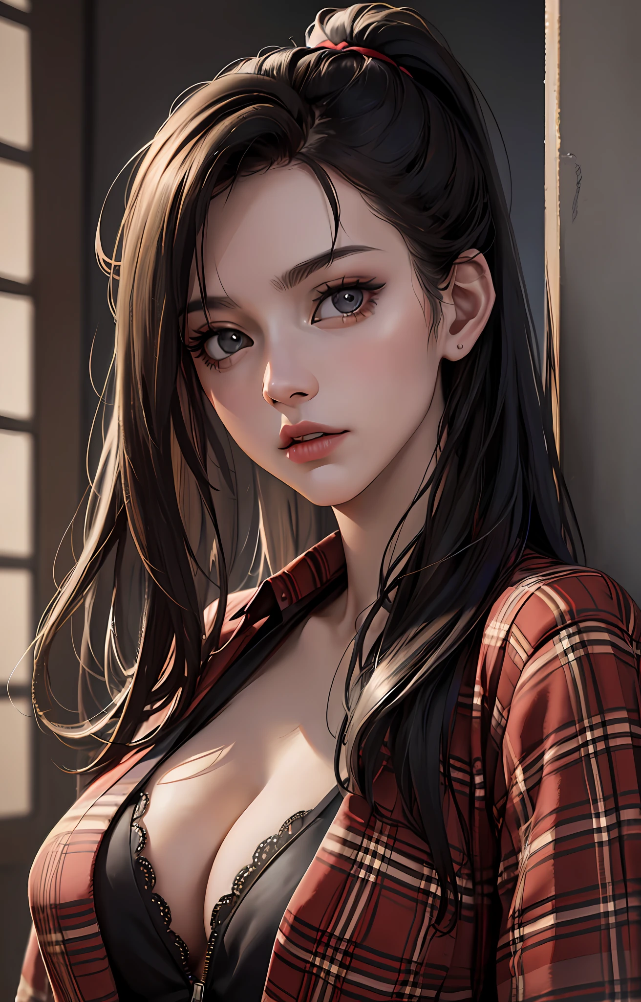 Absurdres, best quality, masterpiece, indoor shot, professional shot , rich, beautiful, attractive, cool, edgy, 1girl, solo, loose flannel, cleavage, boobs, bellybutton, ponytail, bangs, professional indoor lighting, detailed face, detailed eyes, intricate detailed, leaning on wall