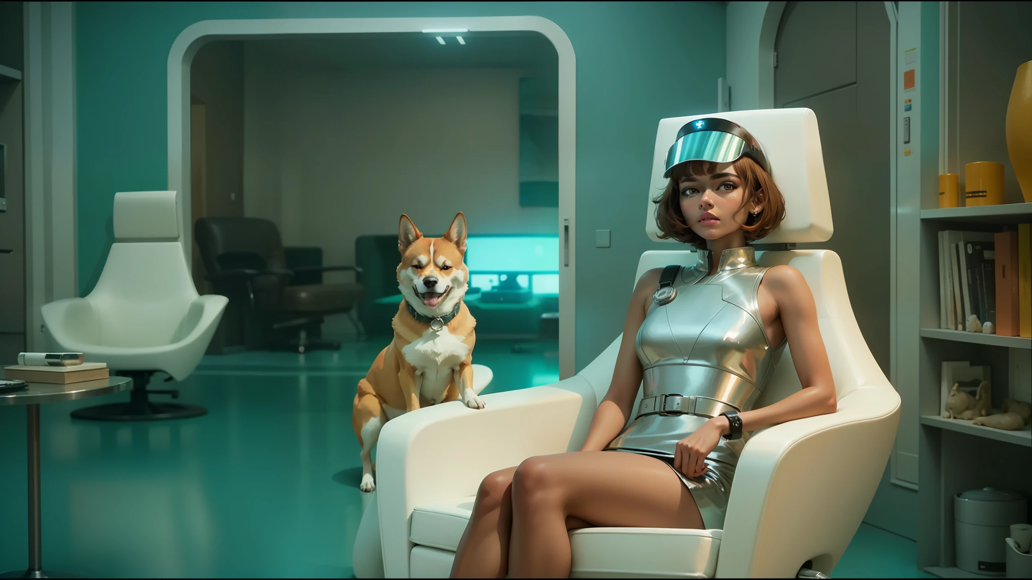 araffe sitting in a chair with a dog on it, still frame from prometheus, skintight dress, neon visor, aurora aksnes and zendaya, miranda kerr, short copper hair, nurse's leather suit, 60s, mini-skirt, anthropomorphic shiba inu, style of marcin blaszczak, tvs --auto --s2