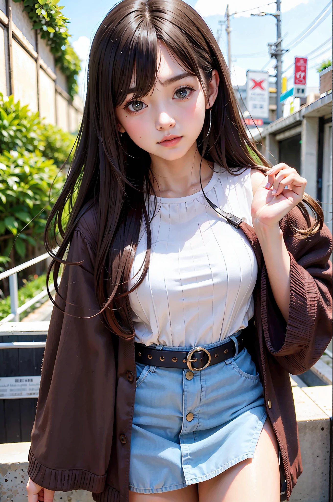 Top quality, masterpiece, dark hair, brown eyes, mini skirt, looking up, upper body, hair strands, fair skin, slightly longer wavy hair, Japan woman, teenage