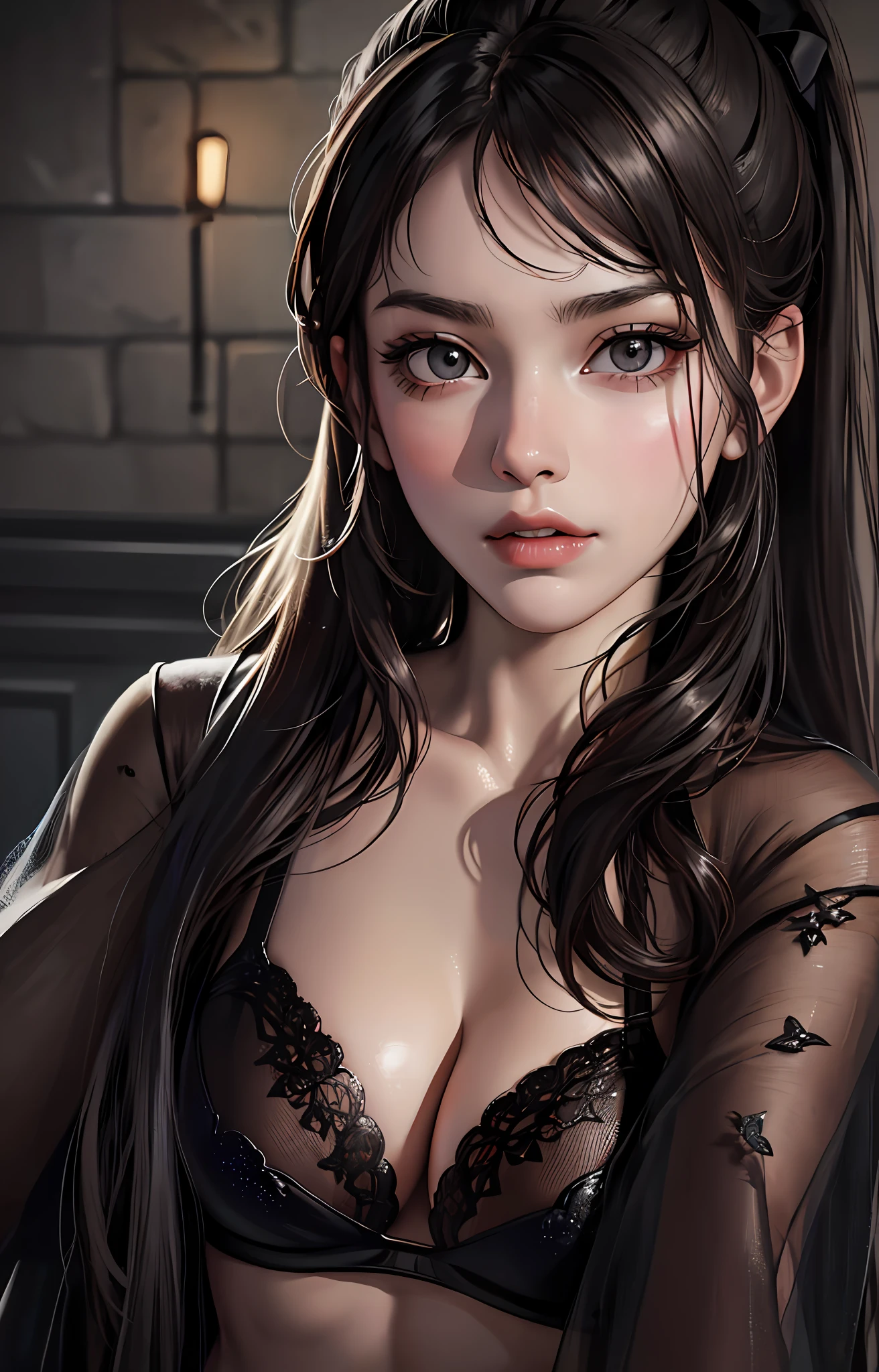 Absurdres, best quality, masterpiece, indoor shot, professional shot , rich, beautiful, attractive, cool, edgy, 1girl, solo, loose flannel, cleavage, boobs, bellybutton, ponytail, bangs, professional indoor lighting, detailed face, detailed eyes, intricate detailed, leaning on wall